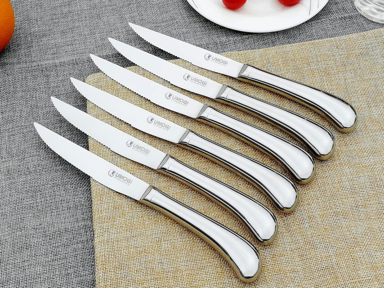 Steak Knives Set of 8 - Shiny Polished Blade & Handle Serrated Edge - High Carbon Stainless Steel, Dishwasher Safe - 4.5'' Non Straight Table Dinner Knife Set in Gift Box UMOGI: Home & Kitchen