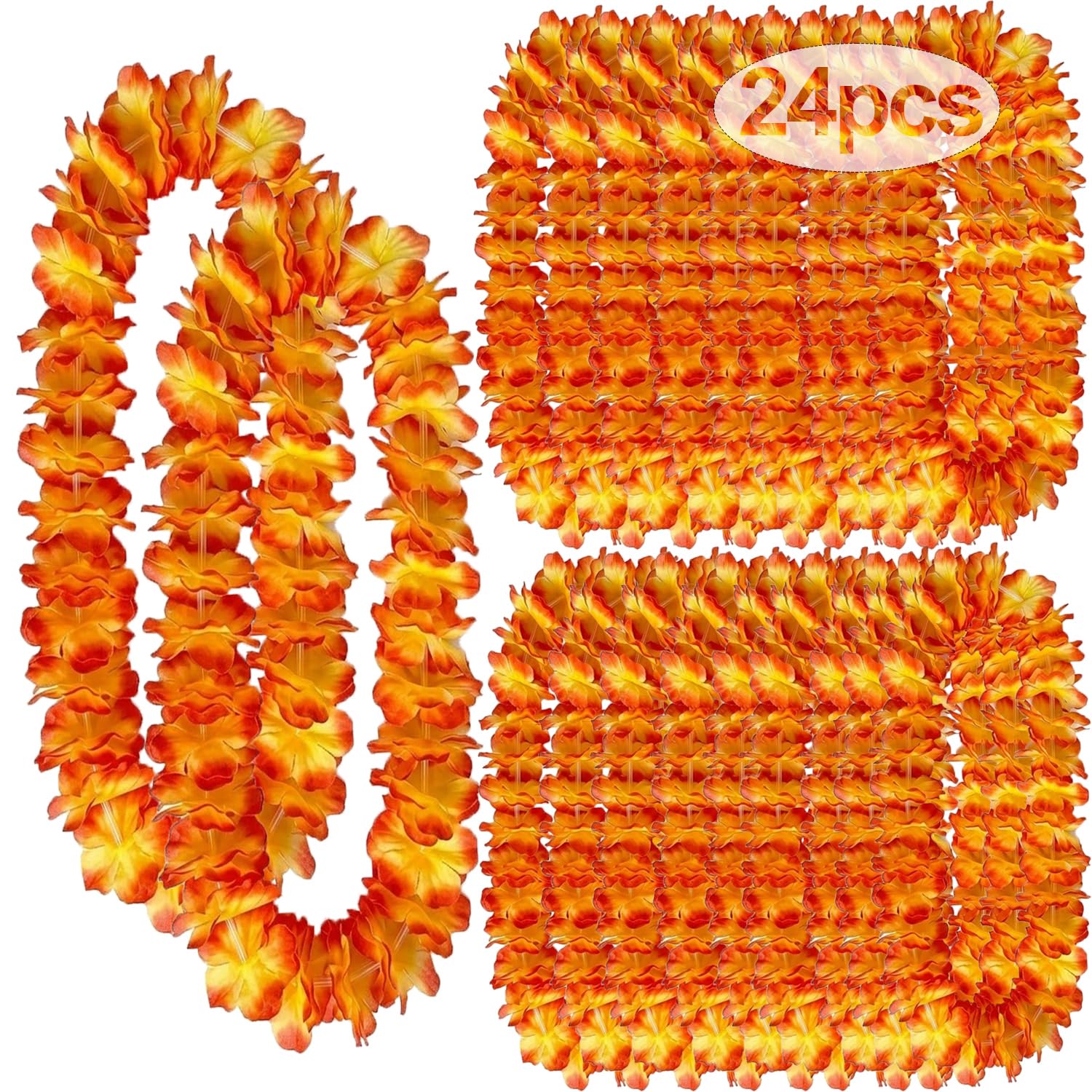 Leis for Luau Party, 24pcs Thickened Orange Leis Hawaiian Tropical Flower Necklaces for Graduation Beach Pool Summerween Decorations, Premium Dense