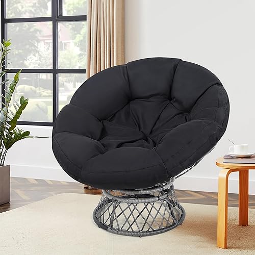 Miniatura 7 de KROFEM Silla Papasan de ratán gigante de 44 pulgadas con cojín y marco para adultos, giratoria fluida de 360, impermeable, marco gris con cojín negro