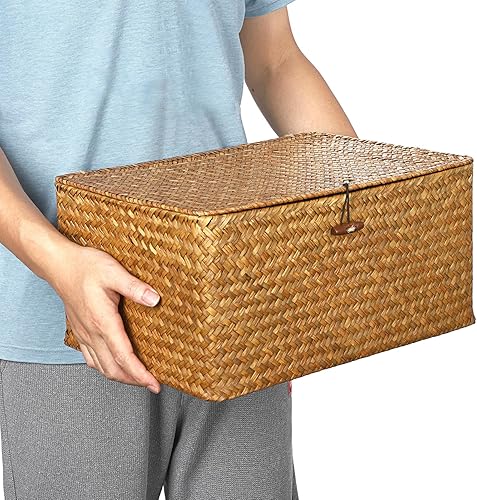 Miniatura 7 de Hipiwe Cestas de mimbre con tapa, cesta de pastos marinos tejida a mano, cestas rectangulares para el hogar, cajas para estantes, armario,