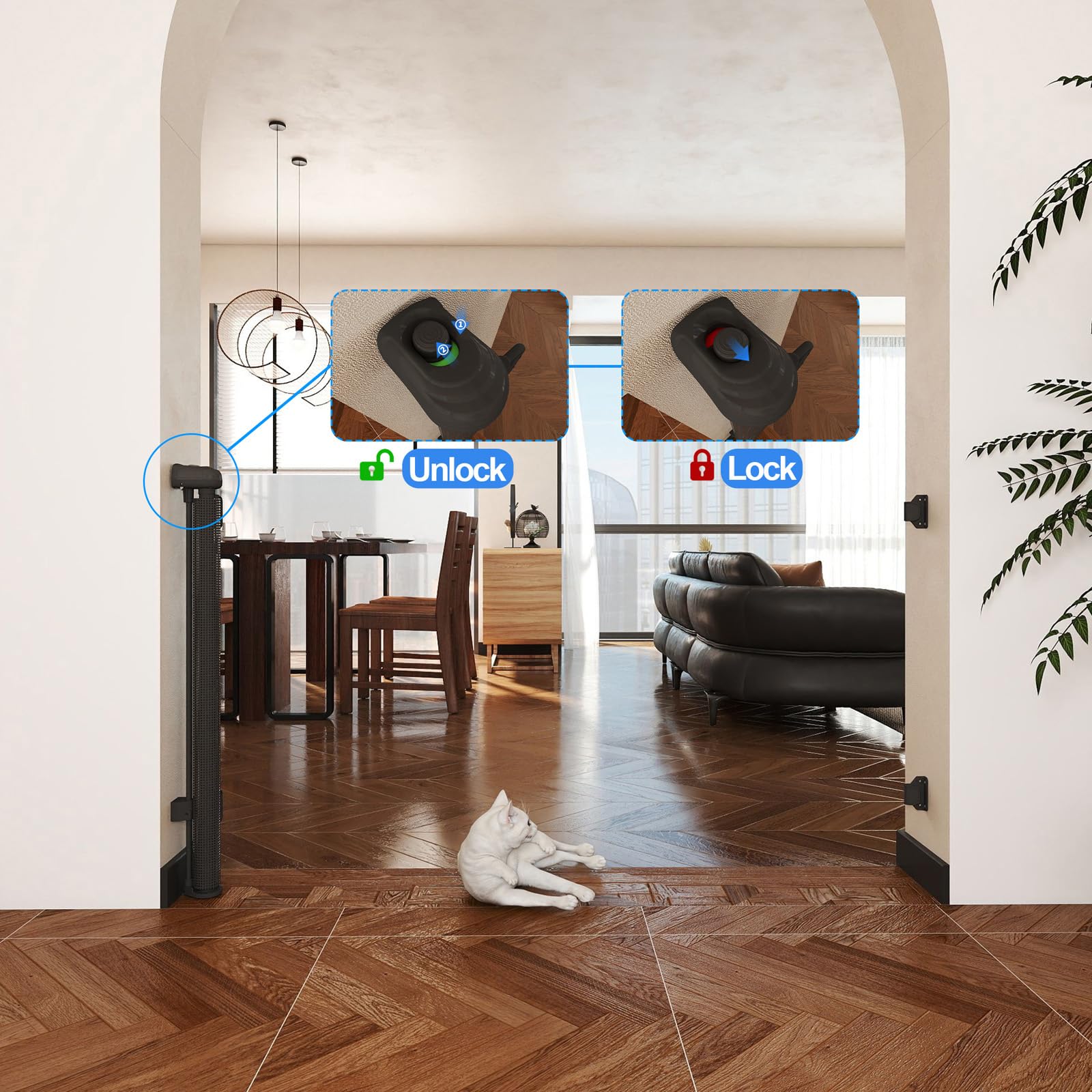 Rejilla de protección para escaleras extensible de 0 a 150 cm, con solapa para gatos, rejilla de protección para puerta, barrera para bebés, rejilla de protección para bebés y mascotas (negro)