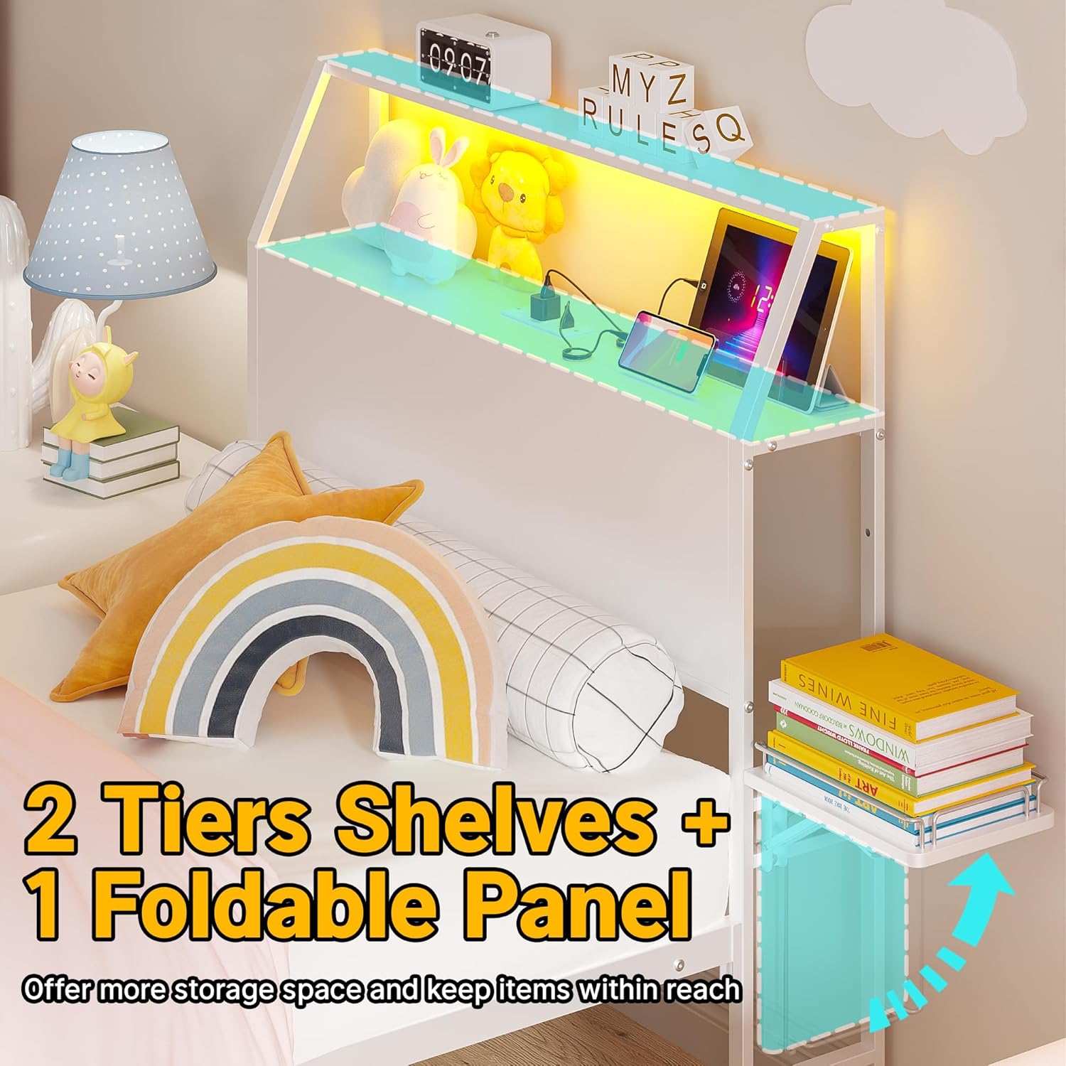 Weehom Twin Bed Frames, Modern Twin Size Bed Frames with Charging Station & LED Light, Twin Bed with Storage- 2-Tier Shelves, Foldable Side Shelf, No Box Spring Needed, White - Image 4