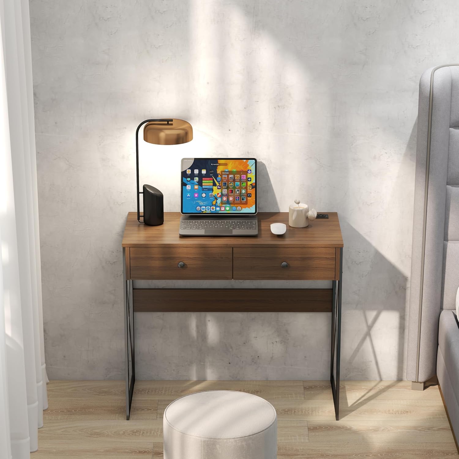 Manora Computer Desk with Power Outlet and USB Ports, 31.5” Writing Desk with 2 Drawers, Small Home Office Desk with Metal Frame for Bedroom, Study, or Dorm (Rustic Brown)