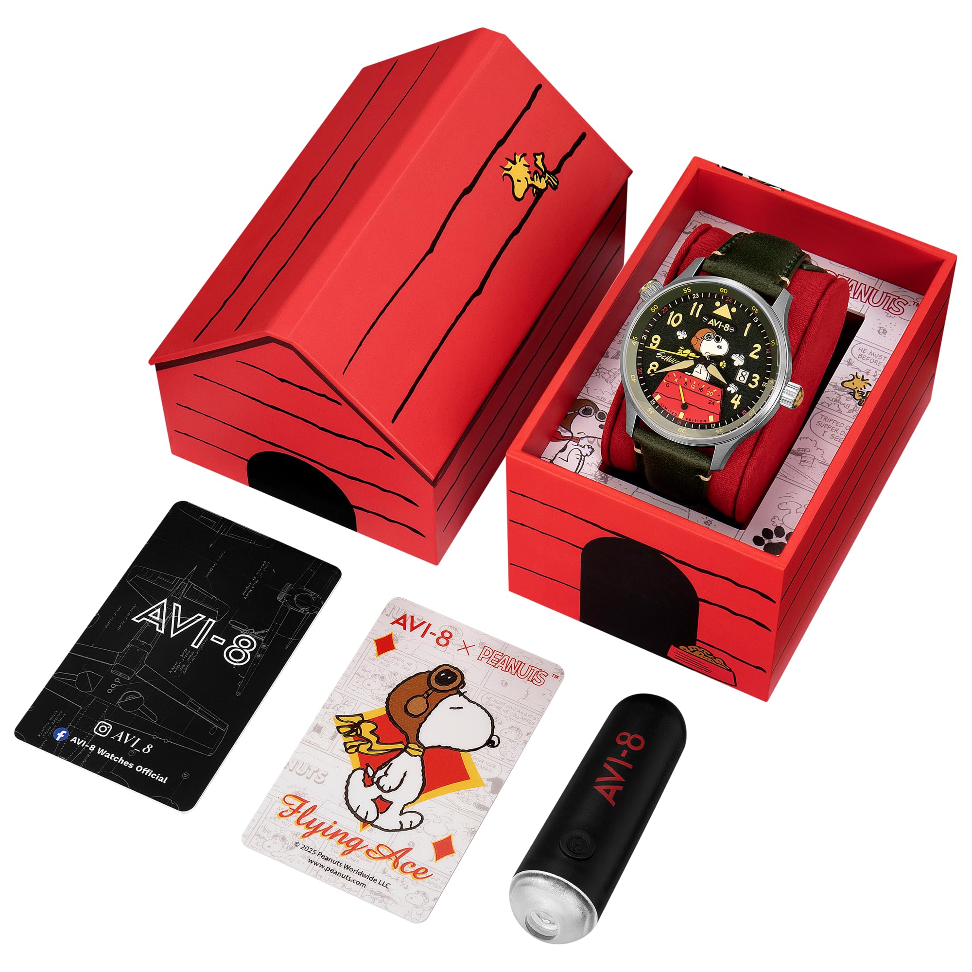 AVI-8 Hawker Hurricane Mckellar Dual Time Peanuts Snoopy Flying Ace Herren-Armbanduhr mit Lederarmband, 43,5 mm, AV-4151