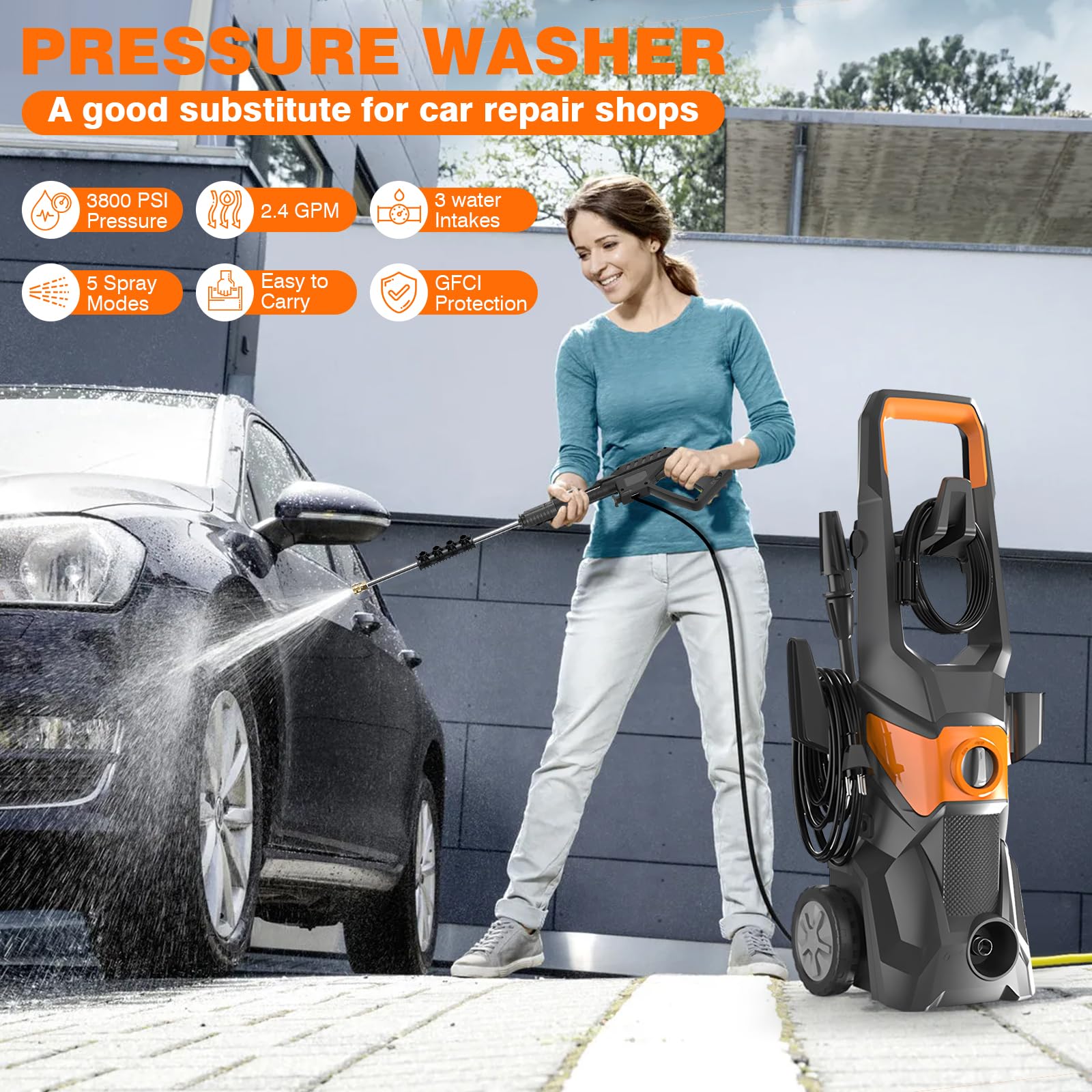 Hidrolimpiadora, presión: máx. 200 Bar, Caudal máx: 540 l/h Consumo 3000W | Automóviles Y Superficies Externas, pistola y manguera de alta presión, boquilla turbo, lanza pulverizadora