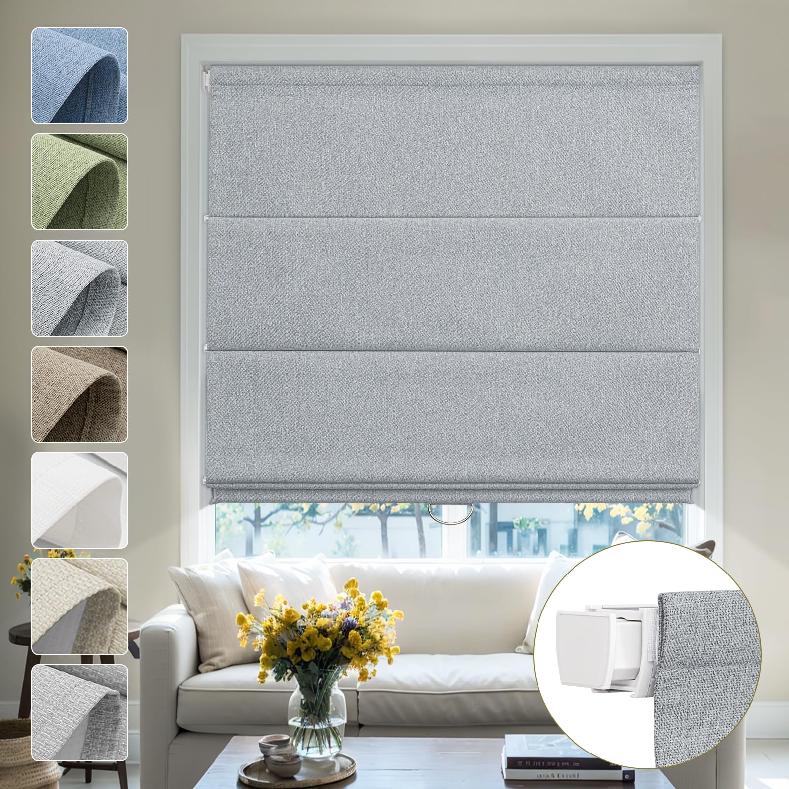 Moonice No Drill Roman Blinds for Windows Blackout Cordless Linen Roman Shades Elegant Fabric Shades for Indoor Windows,Thermal Insulated Tension Blinds for Bedroom Home Office,Light Grey
