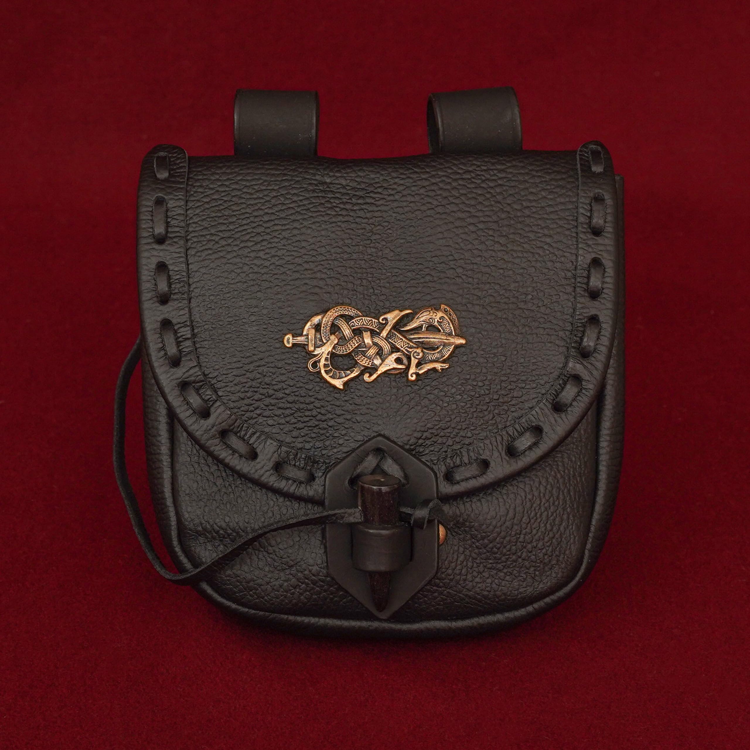 Mythrojan Pochette ceinture en cuir médiéval original sac costume accessoires pochette viking ceinture porte-monnaie, Décoration bronze noir, 8" x 7", Pochette en cuir noir