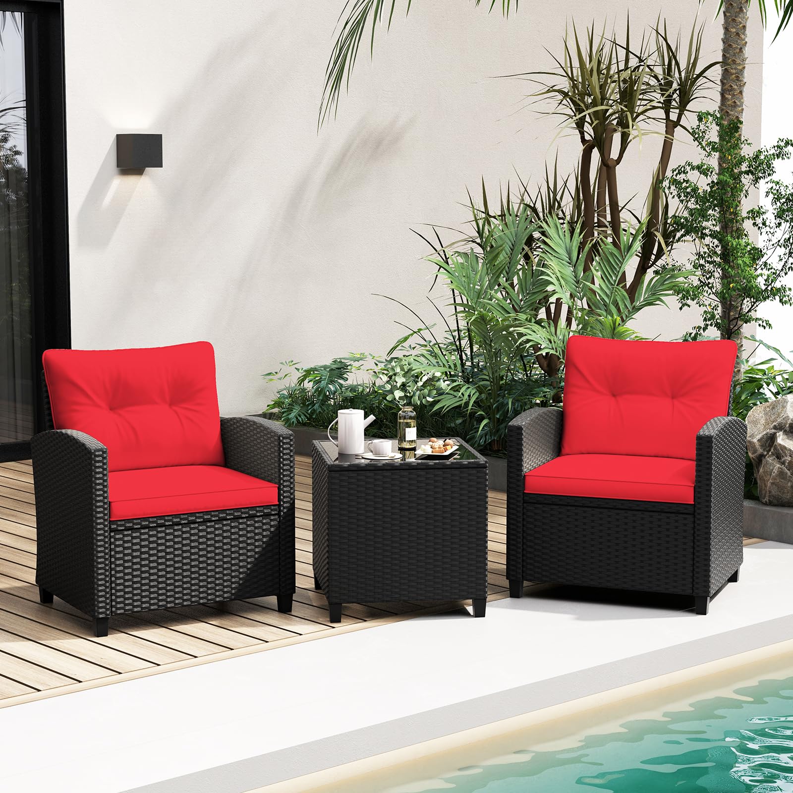 RELAX4LIFE 3-Piece Patio Furniture Set - Wicker Rattan Bistro Sofa Set w/Glass Top Coffee Table, Washable Cushions for Porch Balcony Backyard Poolside