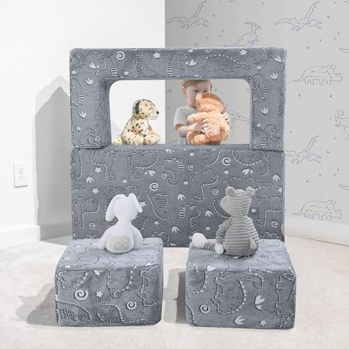 Miniatura 6 de MeMoreCool Sofá para niños sofá infantil con pepitas para niños dinosaurio que brilla en la oscuridad sofá plegable 3 en 1 sofá modular para niños