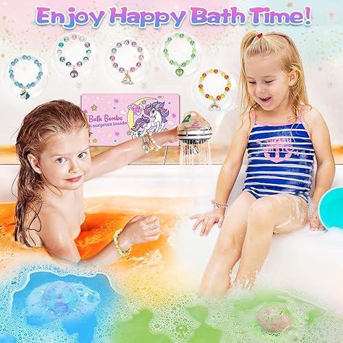 Miniatura 6 de Bombas de baño para niños, paquete de 8 bombas de baño para niñas con pulseras de unicornio y sirena, bombas de baño para niñas con sorpresa en el
