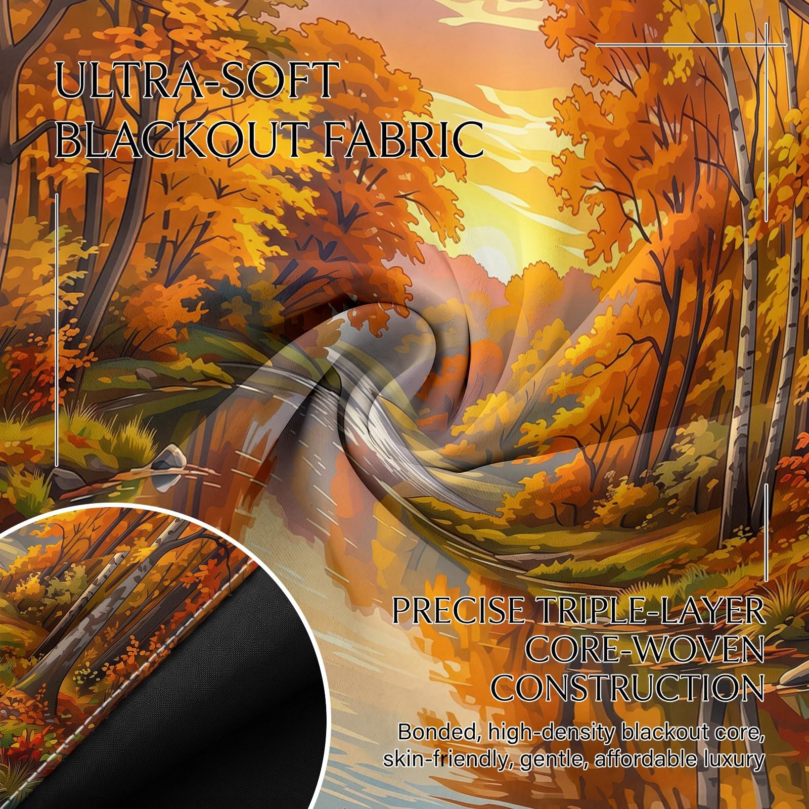 Blickdichte Vorhänge Set Natur Ländlich Landschaft mit Ösen, Herbst Wald Fluss Verdunklungsvorhänge Thermo Isoliert 2 Stück - Bedruckte Gardinen Deko für Wohnzimmer Schlafzimmer 229 x 117 cm (H x B)