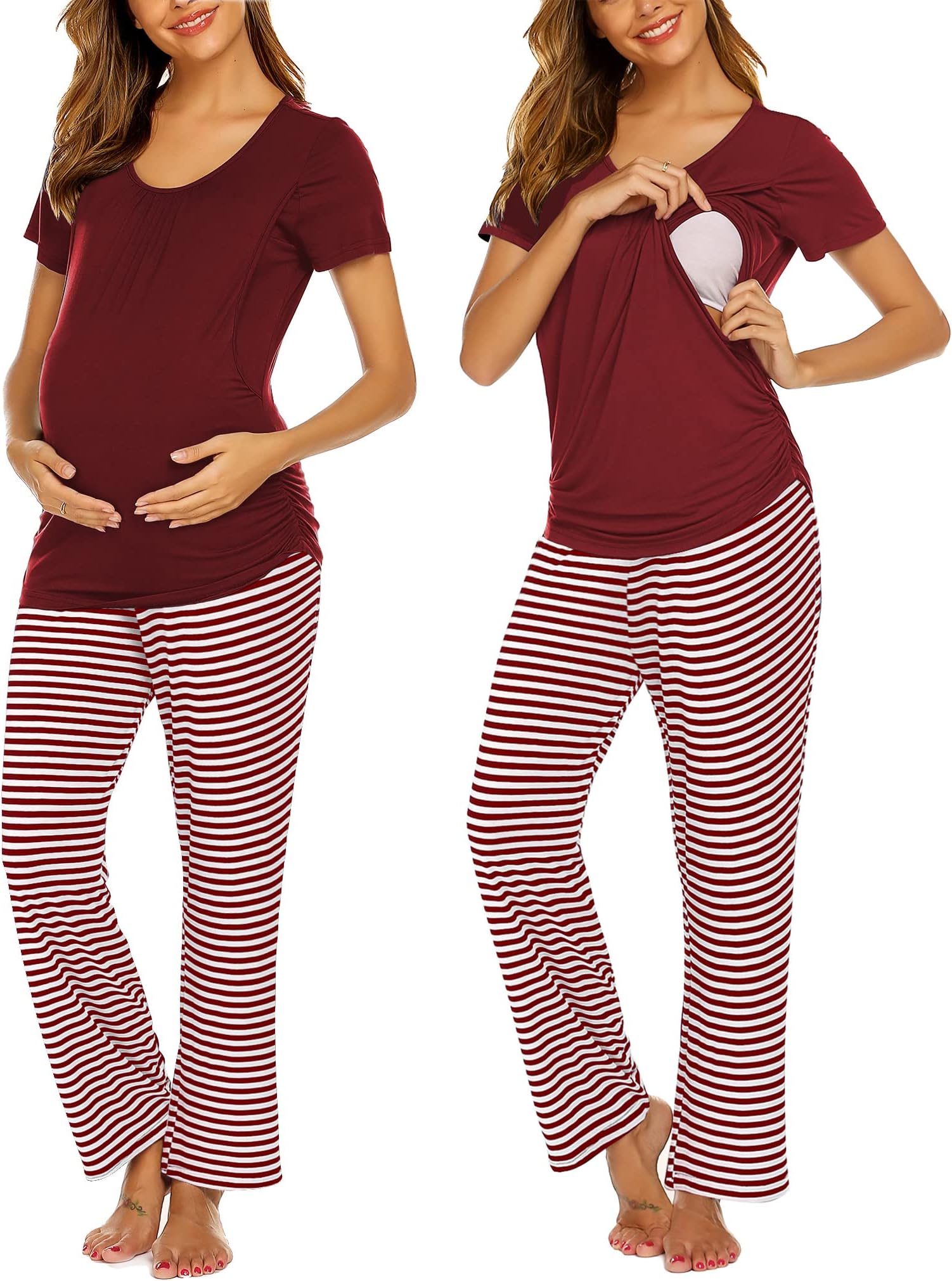 Ekouaer Women's Maternity Nursing Pajama Set Breastfeeding Sleepwear Set Double Layer Short Sleeve Top & Pants Pregnancy PJS