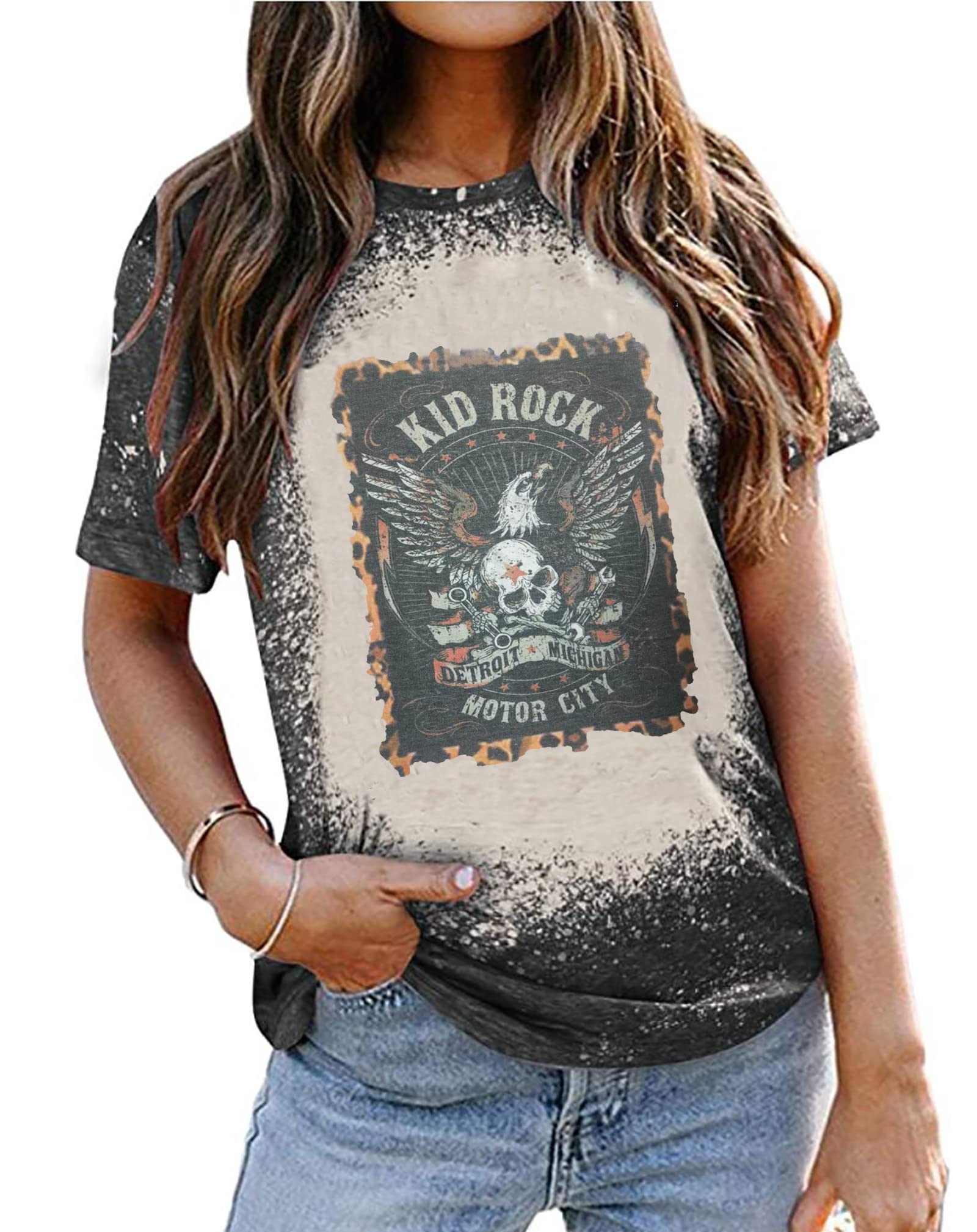 jusgaiKid Rock Skeleton Eagle T-Shirt for Women Motor City Graphic Tees Rock Roll Music Short Sleeve Shirt