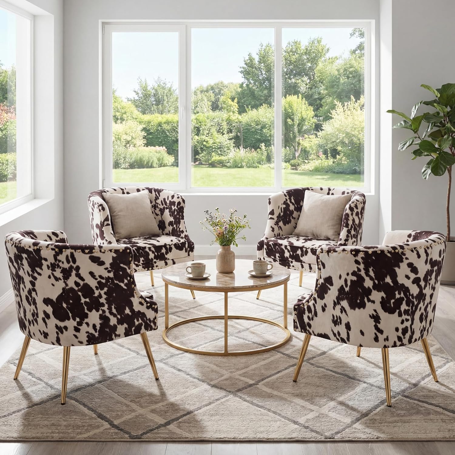 Modern Armchair Living Room Chair, Small Tufted Linen Accent Chair for Bedroom with Upholstered Cushion, Comfy Bedroom Chair with Golden Metal Legs Nailed Decorative (Cow)