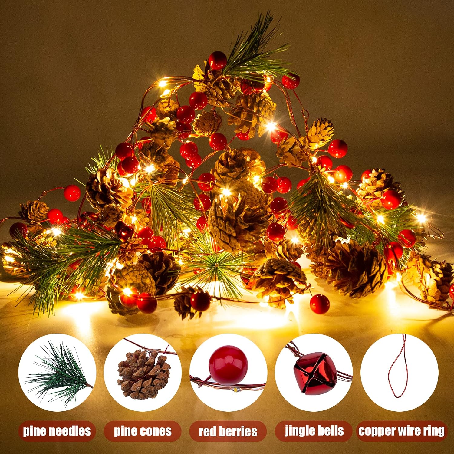 2 Pack Artificial Christmas Garland with Lights - Battery Operated 6.56FT Prelit Garland with 20 LED lights, Red Berries, Pine Cones, Pine Needles Decor for Xmas Tree Thanksgiving Home Fireplace Party