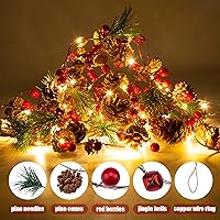 Vista 3 de Paquete de 2 guirnaldas artificiales de Navidad con luces, funciona con pilas, guirnalda preiluminada de 6.56 pies con 20 luces LED, bayas rojas