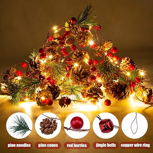 Miniatura 3 de Paquete de 2 guirnaldas artificiales de Navidad con luces, funciona con pilas, guirnalda preiluminada de 6.56 pies con 20 luces LED, bayas rojas