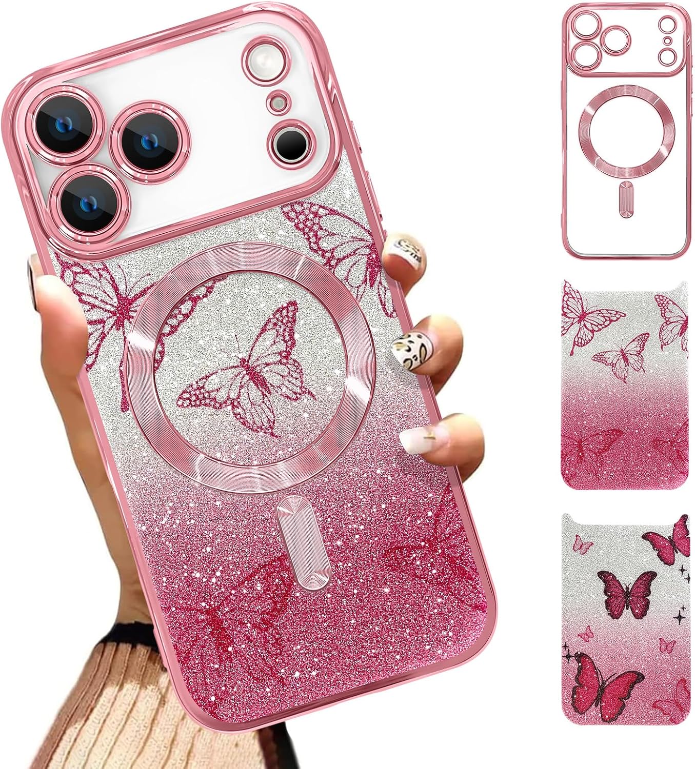 Case Fit for iPhone 17 Pro 6.3 Inch [Compatible with MagSafe] Glitter Bling Magnetic Phone Case [2 Pieces of Butterfly Design Insert] Soft TPU Shockproof Phone Cover for Women - Purple