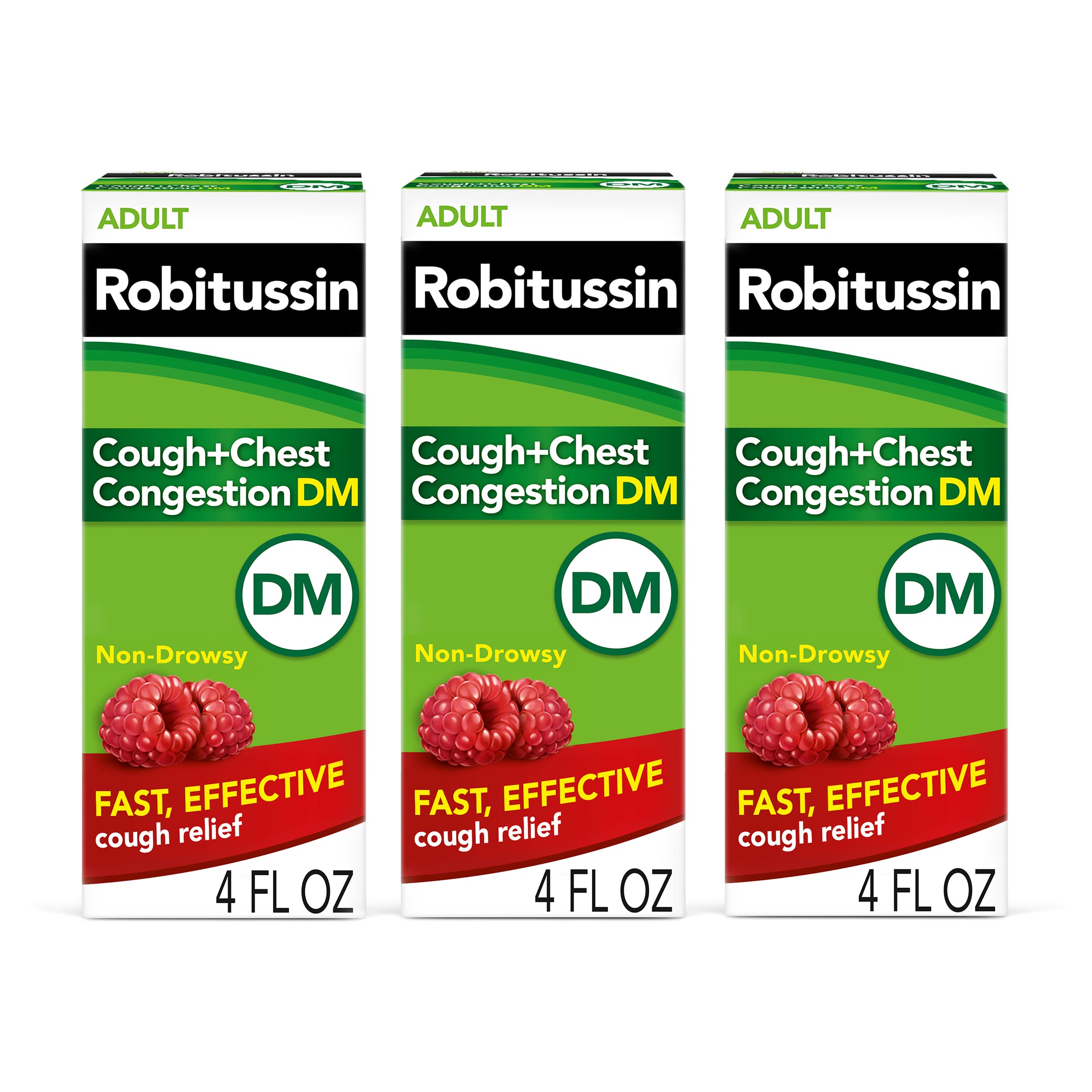 Robitussin Cough and Chest Congestion DM Cough Suppressant and Expectorant, Raspberry Flavor - 4 Fl Oz Bottles (Pack of 3)
