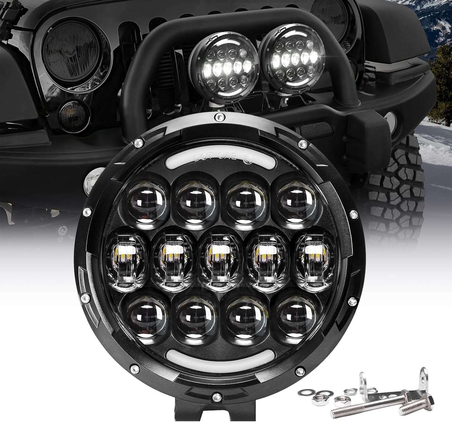 AUDEXEN LED Work Lights, 7 Inch 105W Round Spot LED Pods Light Bar High/Low Beam DRL with Adjustable Mounting Bracket Compatible with Jeep Off Road 4WD Truck SUV UTV ATV Driving Lamp, 2 PCS