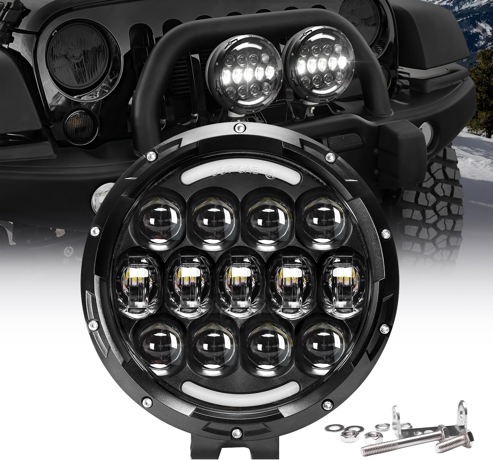 LED Work Lights, 7 Inch 105W Round Spot LED Pods Light Bar High/Low Beam DRL with Adjustable Mounting Bracket Compatible with Jeep Wrangler Off Road 4WD Truck SUV UTV ATV Driving Lamp, 1 PCS