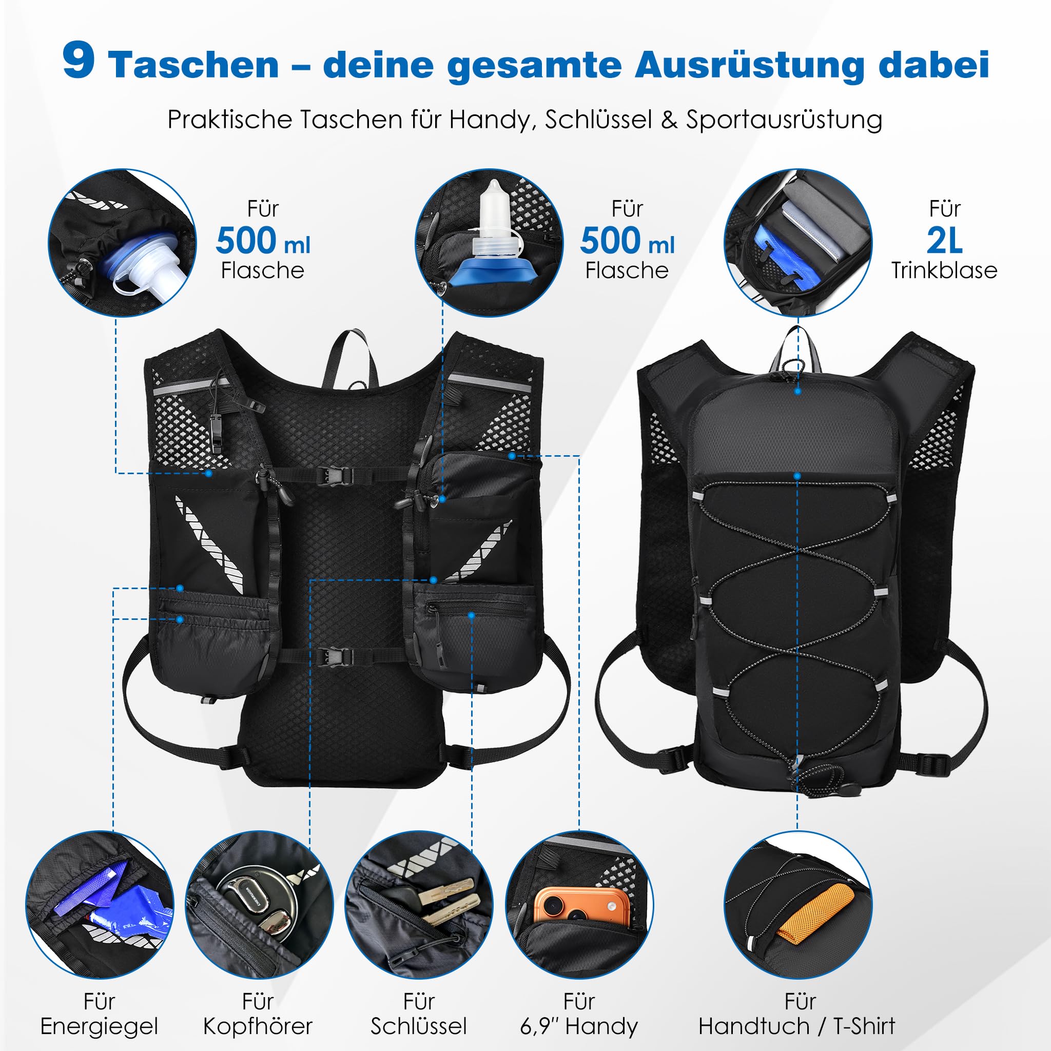 FIVAVA - Laufweste für Damen und Herren – mit 2 faltbaren Trinkflaschen (500ml) – Reflektierende Running Vest mit Trinkrucksack – Ideal für Marathon, Trailrunning, Jogging & Radfahren