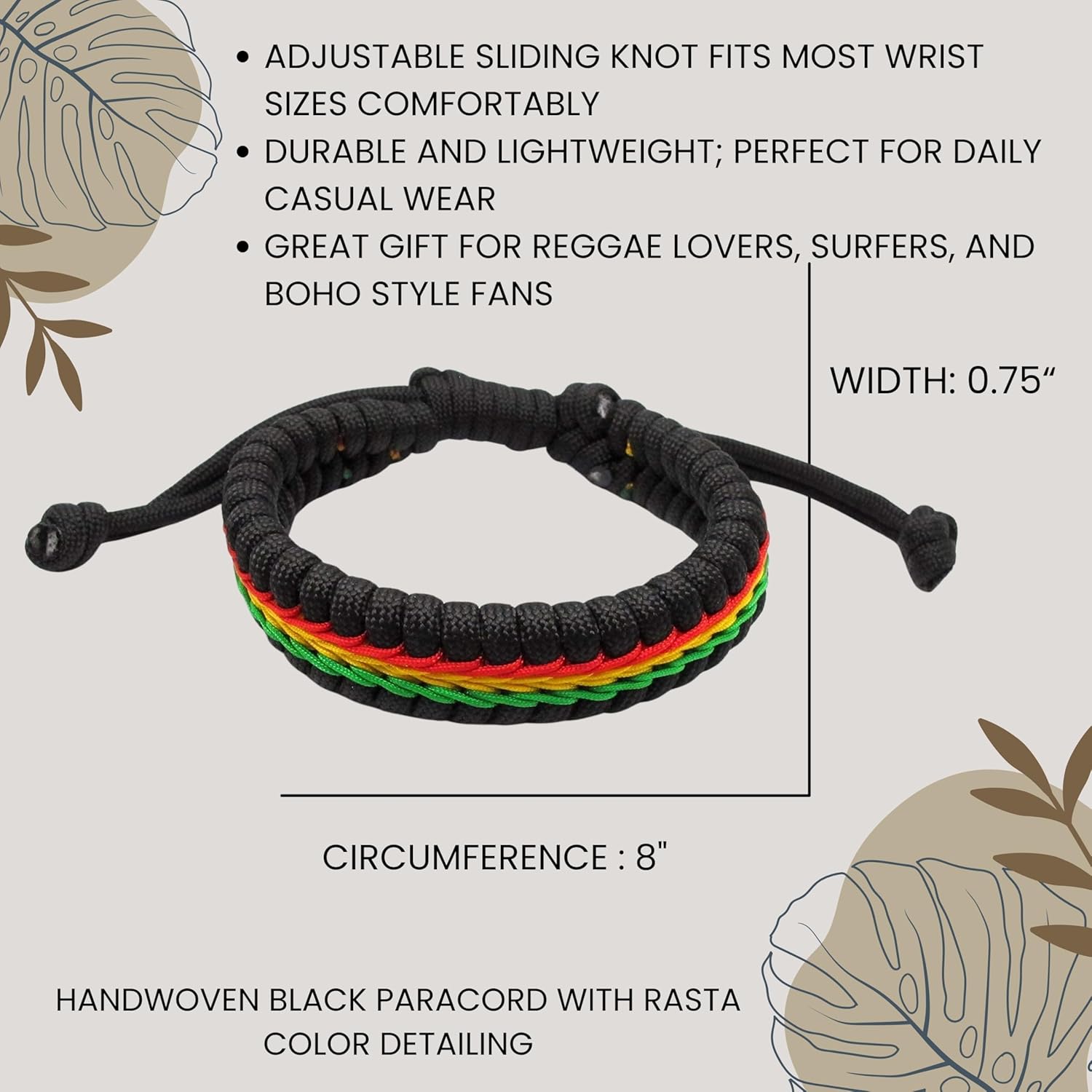 Handmade Black Cord Bracelet with Rasta Colors, Woven Style (Adjustable) - Image 2