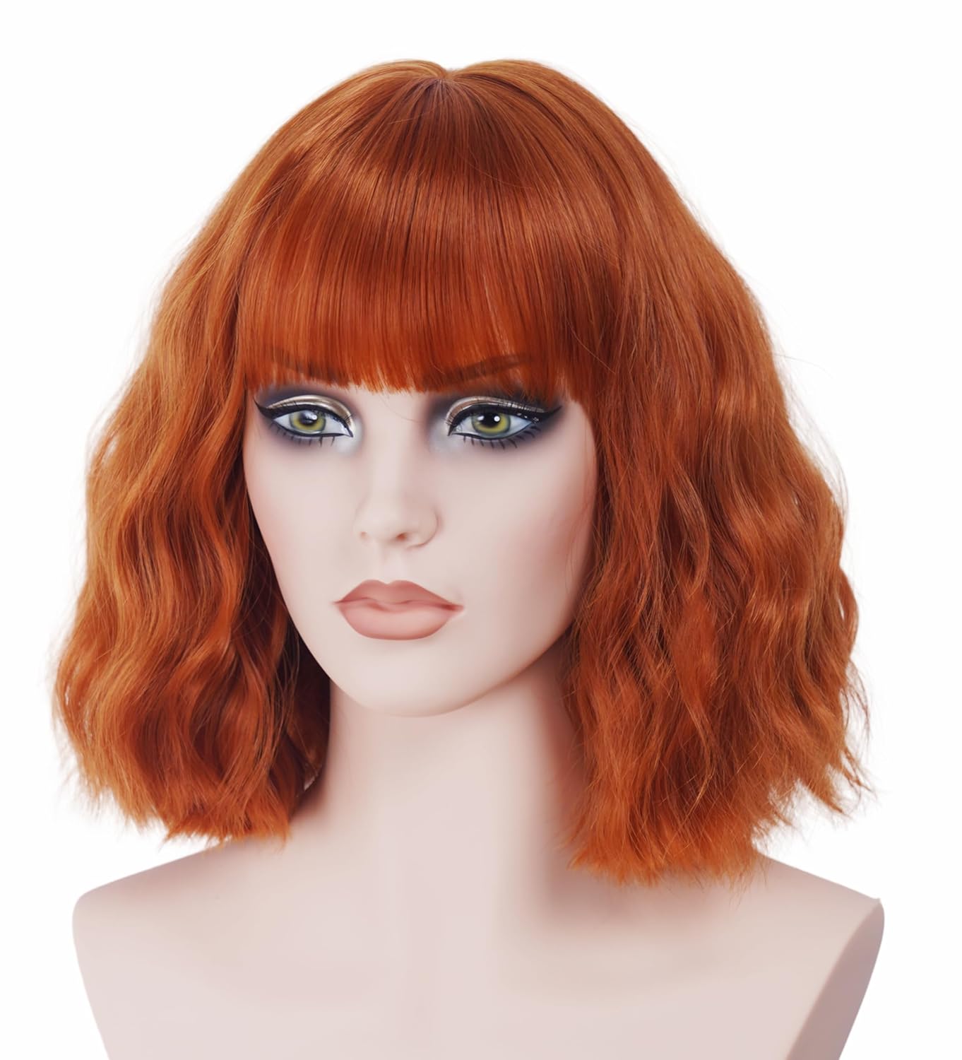 Short Ginger Bob Wig for Women Wavy Shoulder Length Auburn Wig with Bangs Copper Red Synthetic Costume Wig for Halloween,Cosplay,Daily Use - Image 6