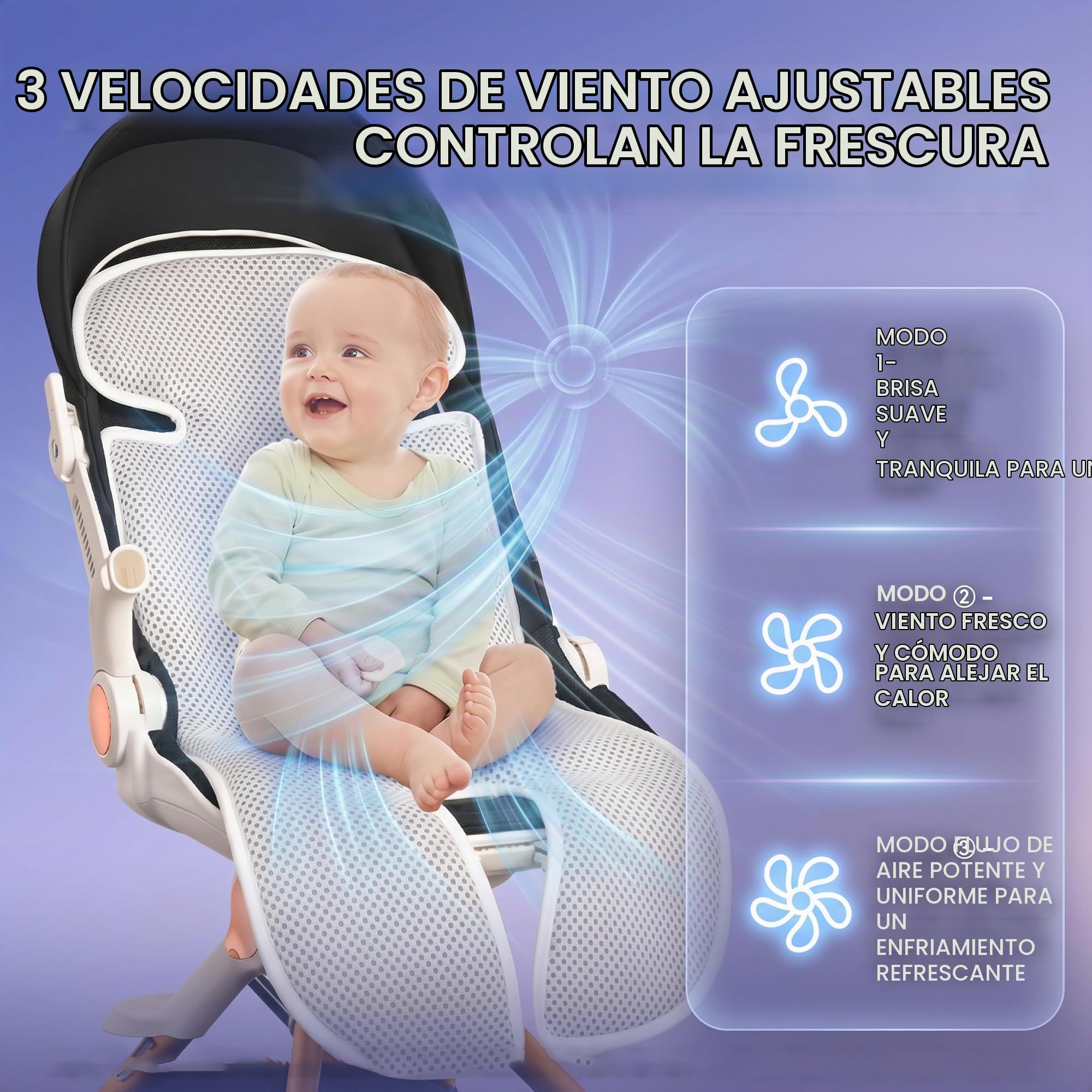 Almohadilla de enfriamiento para asiento de coche, 4 ventiladores, almohadilla de enfriamiento para cochecito, cojín de ventilación para cochecito con 3 velocidades, transpirable, lavable, elemento