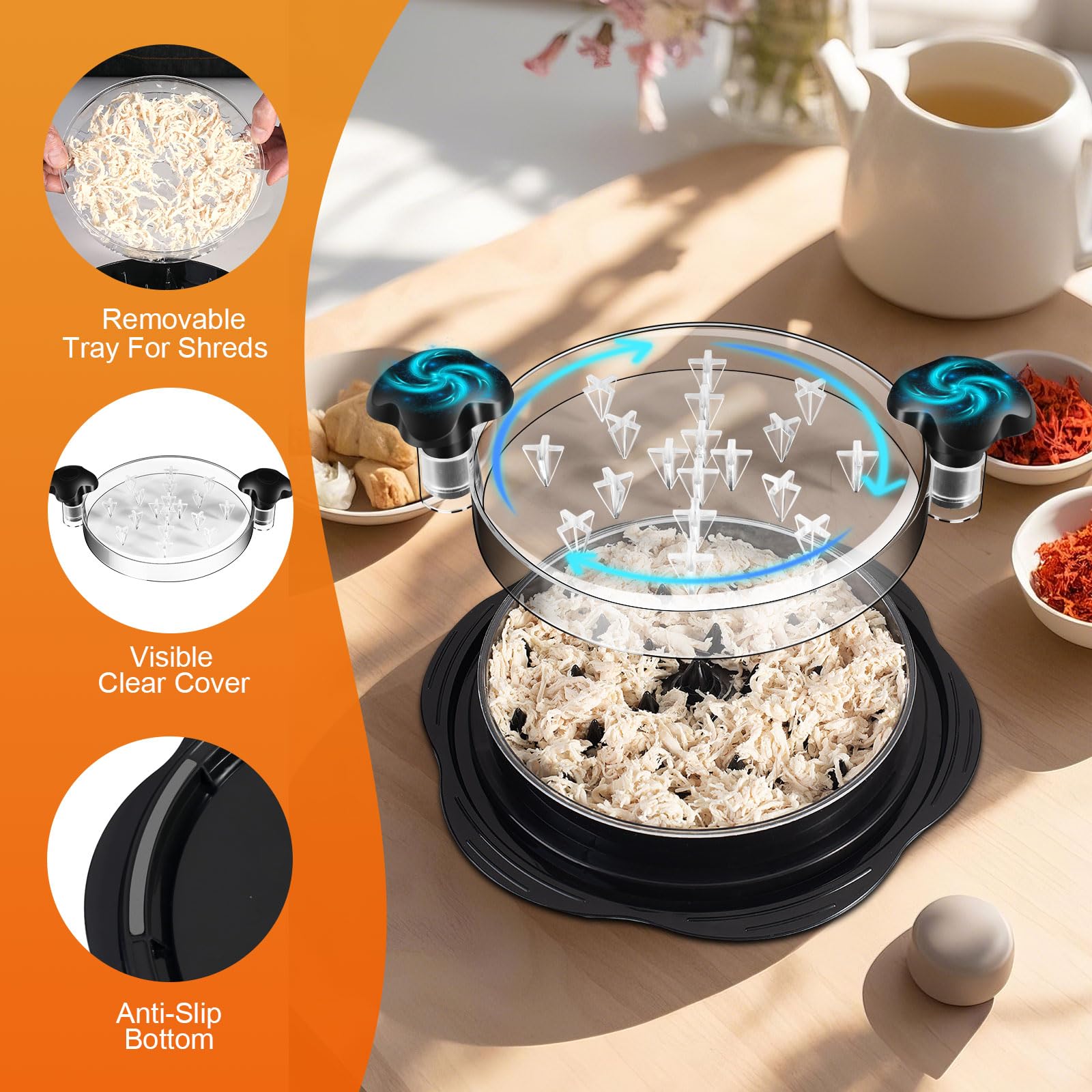 ToGeeKa Upgrated Chicken Shredder, Large Quick 3 Layer Kitchen Chicken Breast Shredder Tool Twist, Meat Grinder Tool for Effortless Smashing, Transparent Lid, Easy to Use with Non-Slip Design