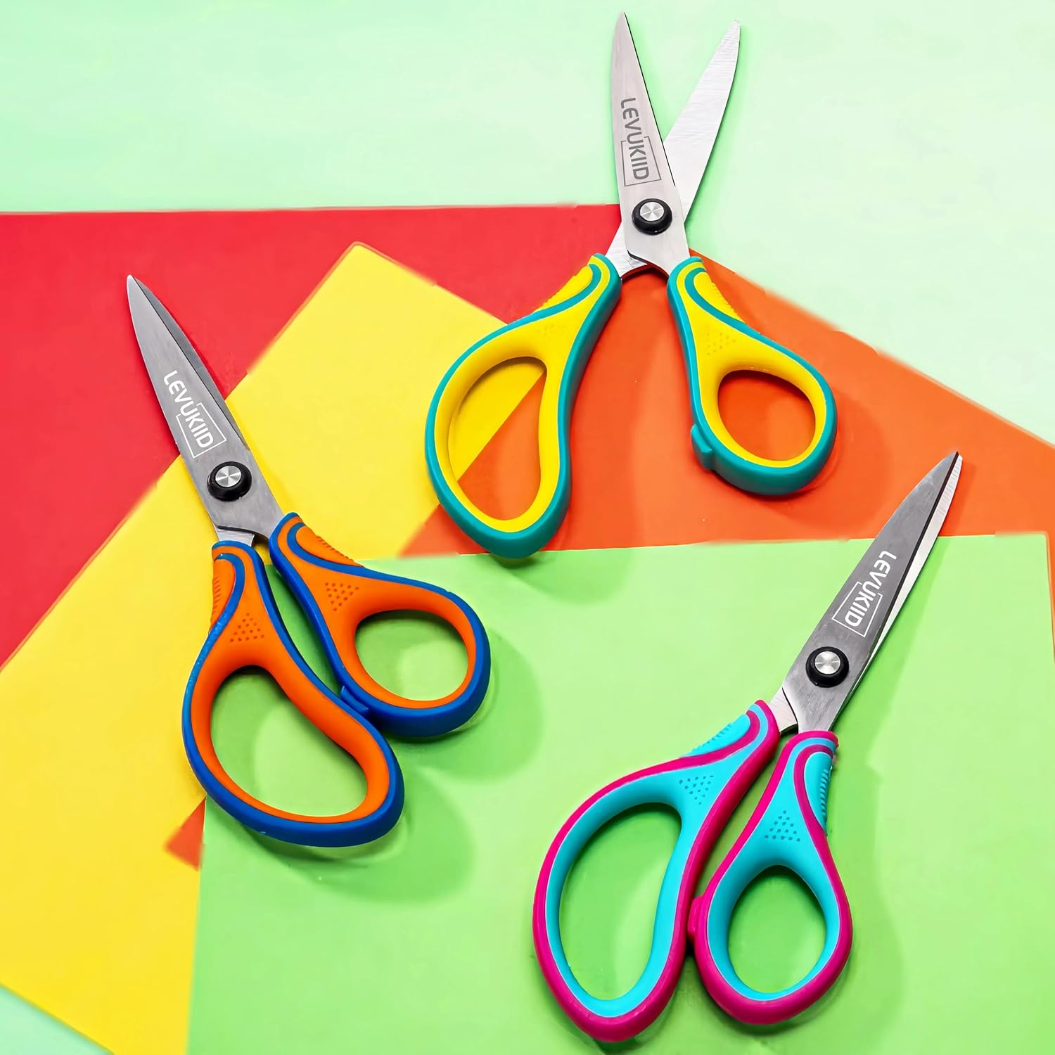 6.5-Inch Kids Scissors for Ages 8-12,pointed tip child scissors, Three Color Handles, Craft Cutting Tool