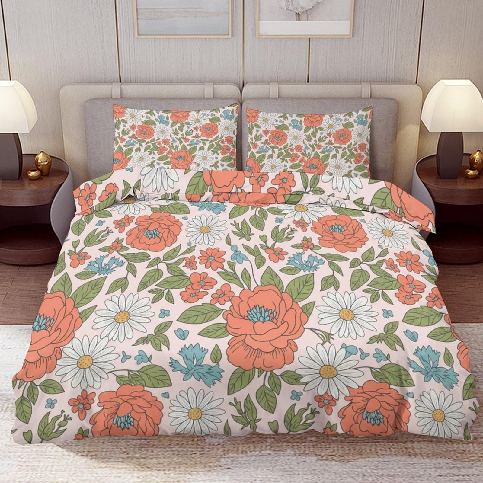 Delerain Comforter Cover Set King Size, Vintage Elegant Floral 3-Piece Bedding Set for Women Men Modern Soft Microfiber Bedroom Set Room Decor, 1 Duvet Cover + 2 Pillowcases