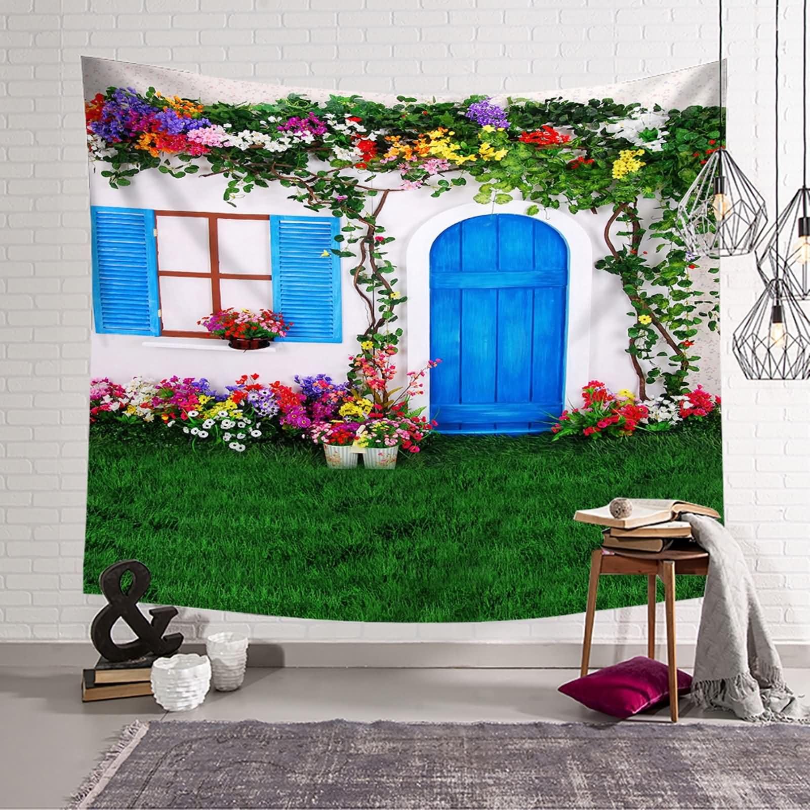 Homxi Tapiz para Sofas Grandes 260 x 240 CM,Paisaje del Patio Tapices Decorativas Poliéster Azul Verde