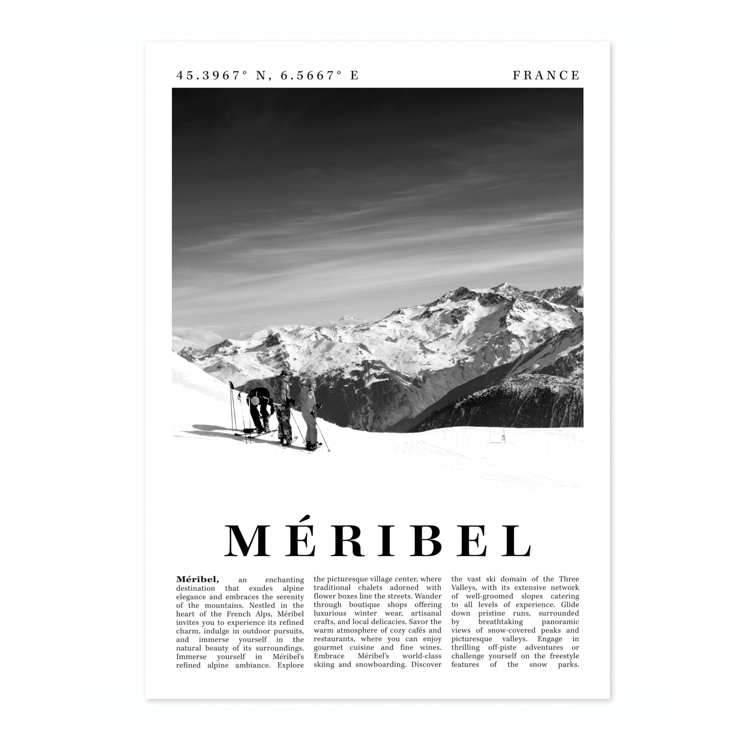 Meribel - France Travel Poster, Black & White Print, City Landmark. Modern Home Wall Decor For Living Room Bedroom, Archival Matte, A4 (Print Only) - 29.7x21cm โ image 1