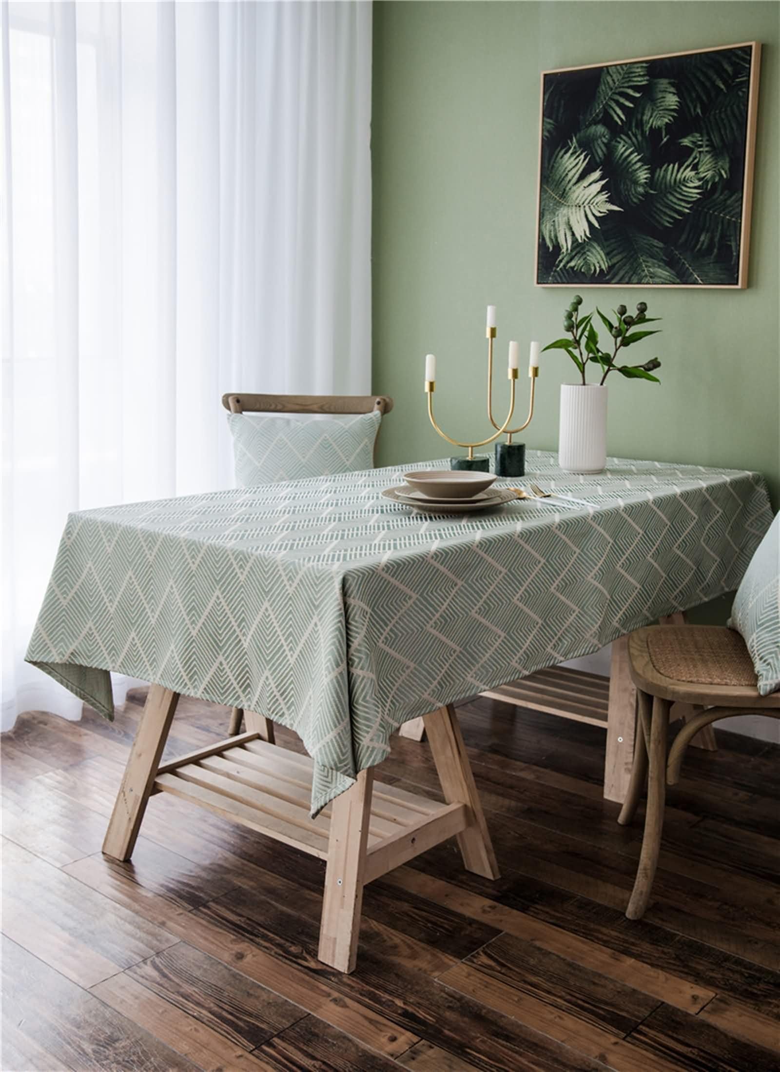 Mantel Rectangular Verde Claro Jardín, Rayas Onduladas, de Poliéster Fácil de Limpiar, 135 x 260 cm, Mantel para Cafetería