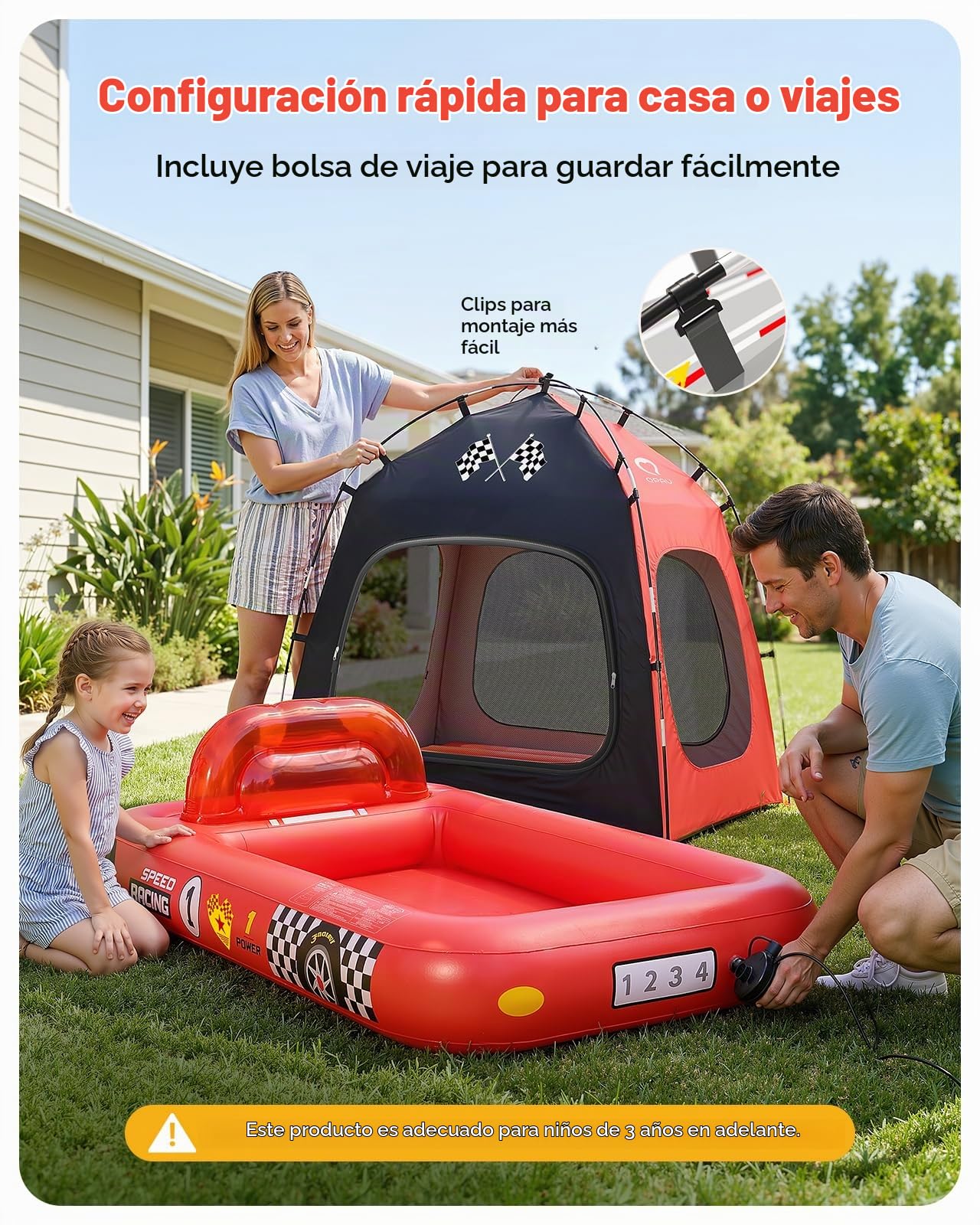 QPAU Colchón de aire en forma de coche de carreras para niños con tienda de campaña y bomba, colchón de aire portátil para casa, viajes y camping, a partir de 3 años