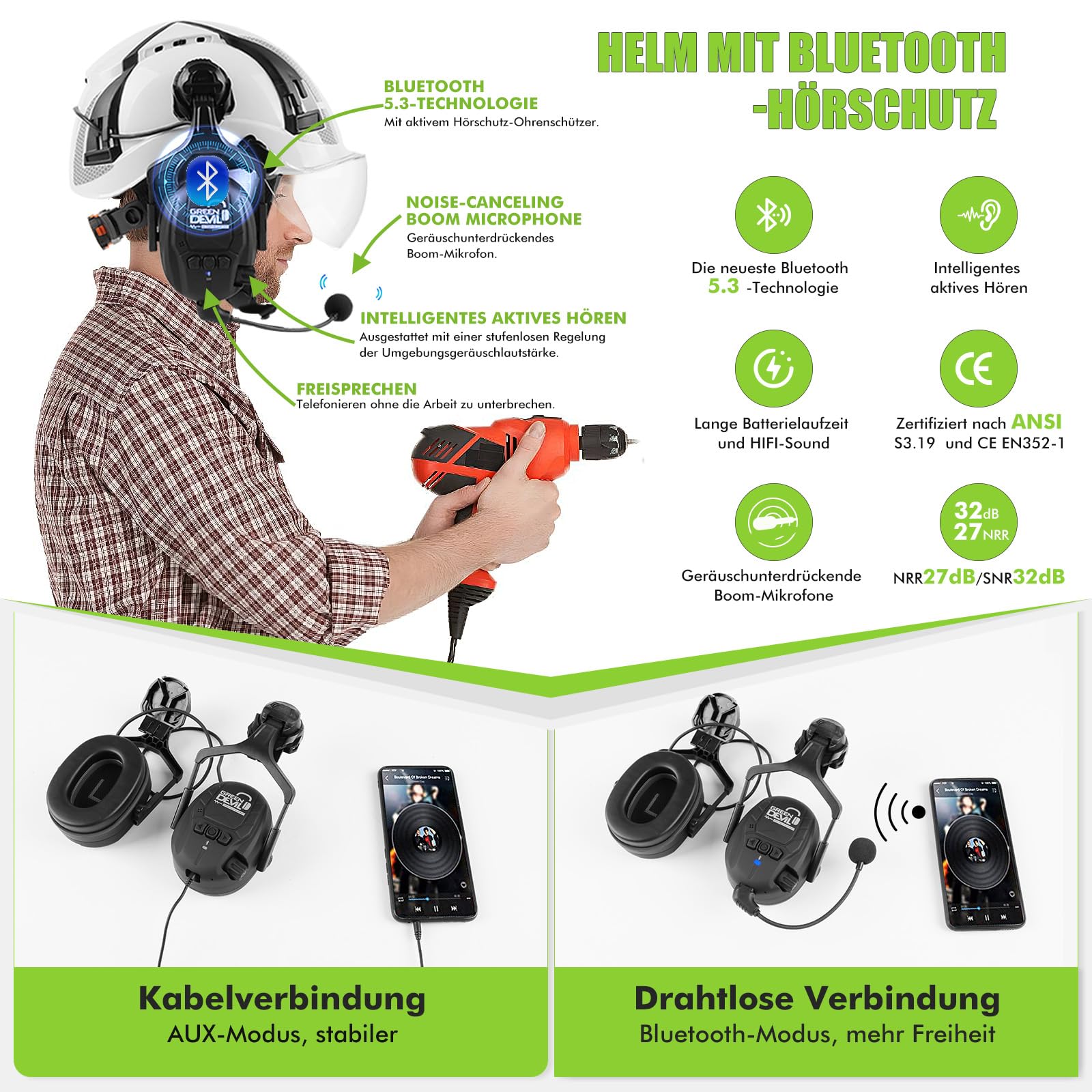 GREEN DEVIL X-Armor Casco protettivo con protezione dell'udito attiva e visiera trasparente, casco da lavoro, casco di sicurezza ABS EN 397, casco industriale conforme alla norma EN352, SNR 32 dB con