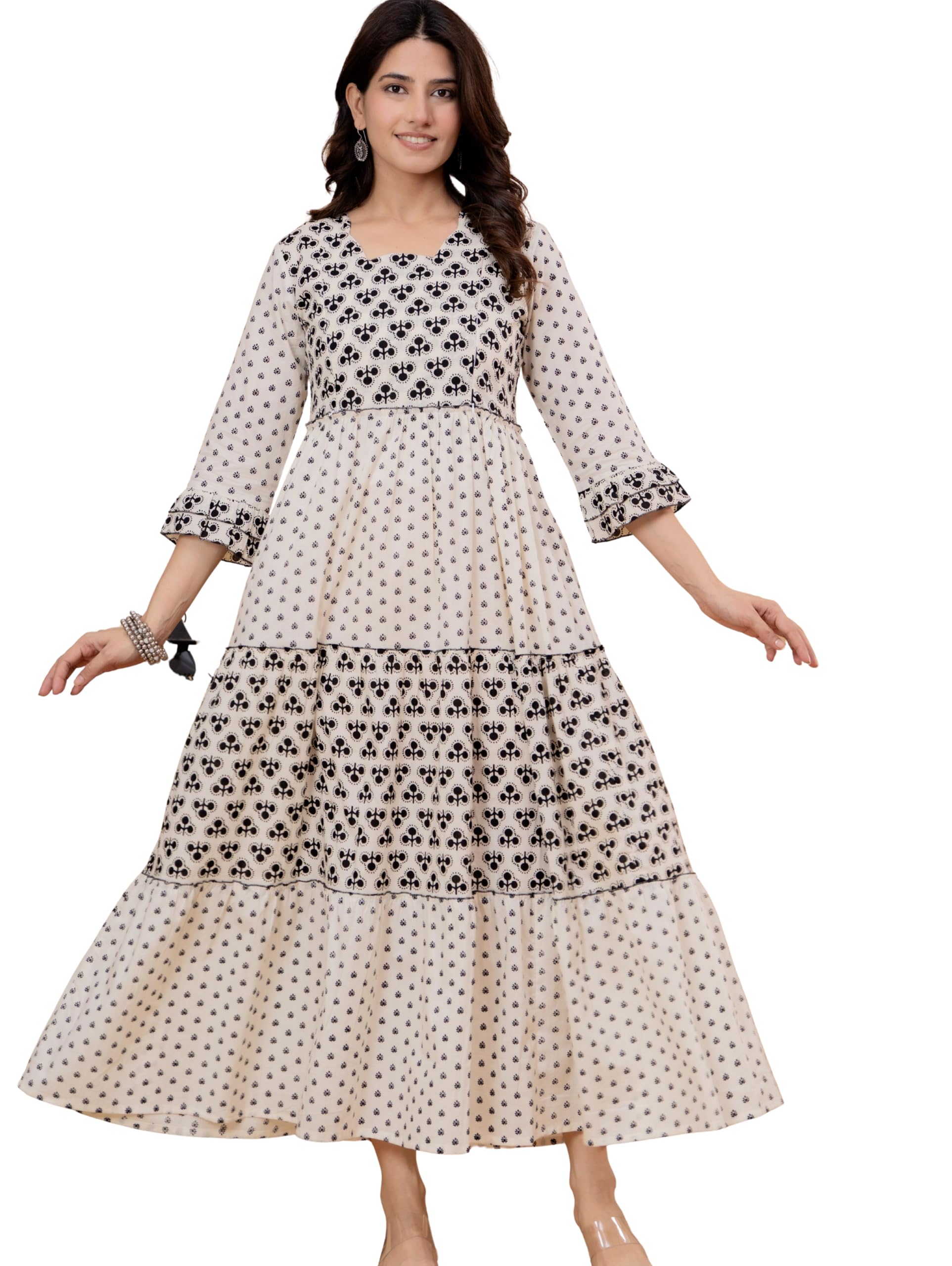Women's Cotton Maternity Feeding Maxi Dress, Beige & Black Floral Print, Tiered A-Line, 3/4 Sleeve, Ankle Length-image-42
