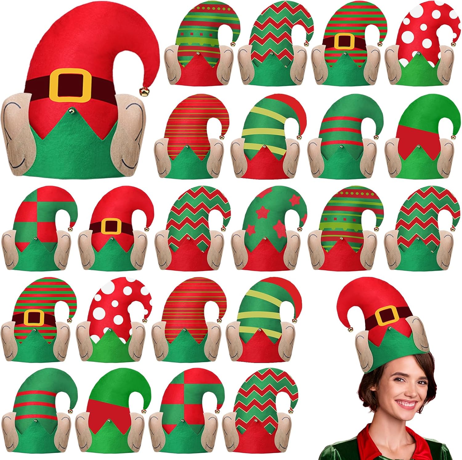 Christmas Elf Hats with Ears Holiday Elf Santa Hat with Bell Xmas Elves Accessories for Party Decoration