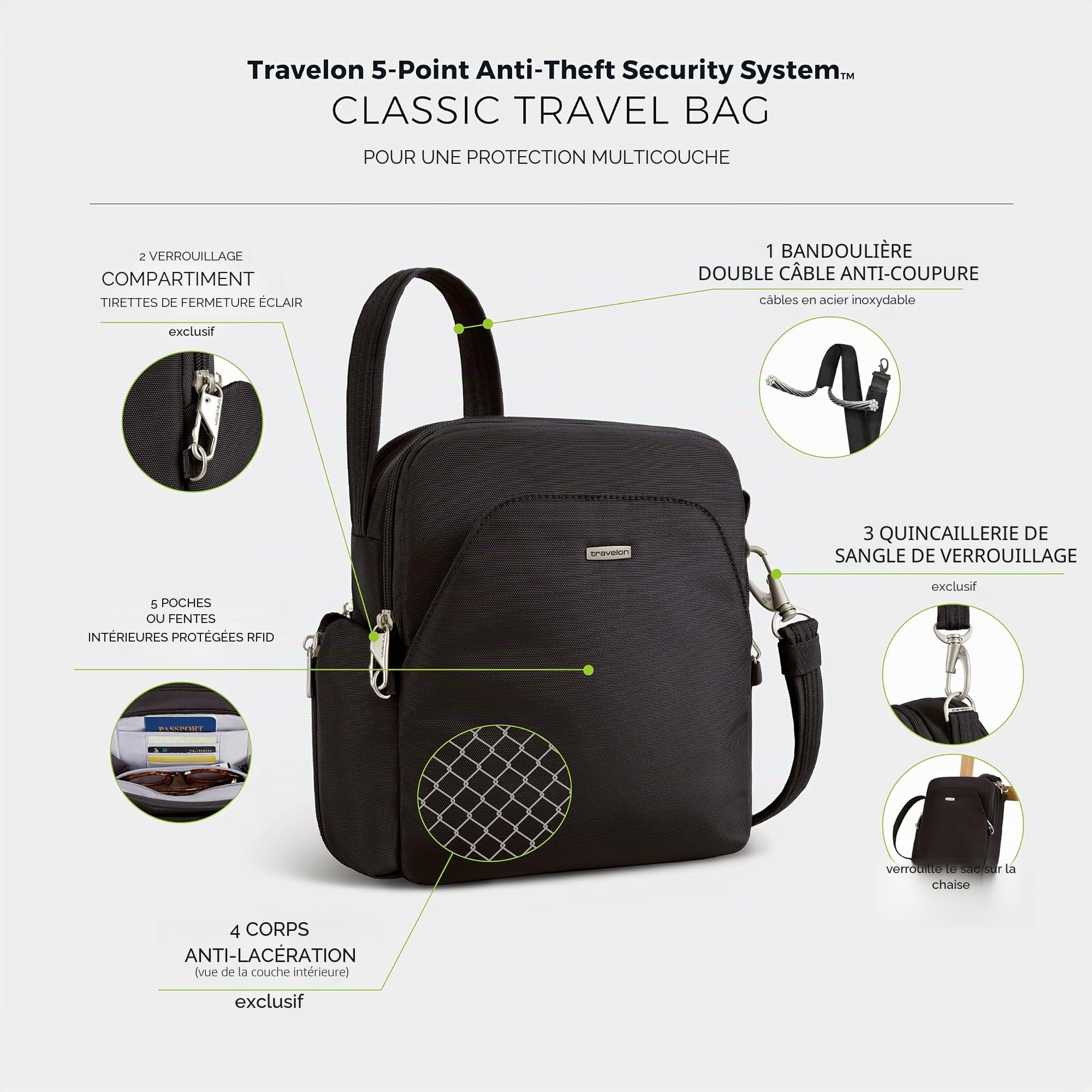 Travelon Sac de voyage antivol, noir, taille unique