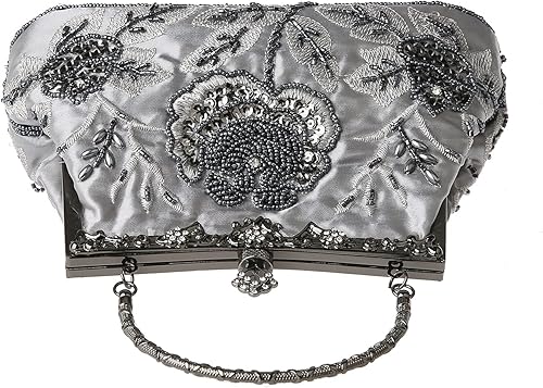 Vista 4 de Bolso de mano de estilo vintage con cuentas florales y strass para mujer, con bordado de lentejuelas, bandolera para novia, boda, fiesta