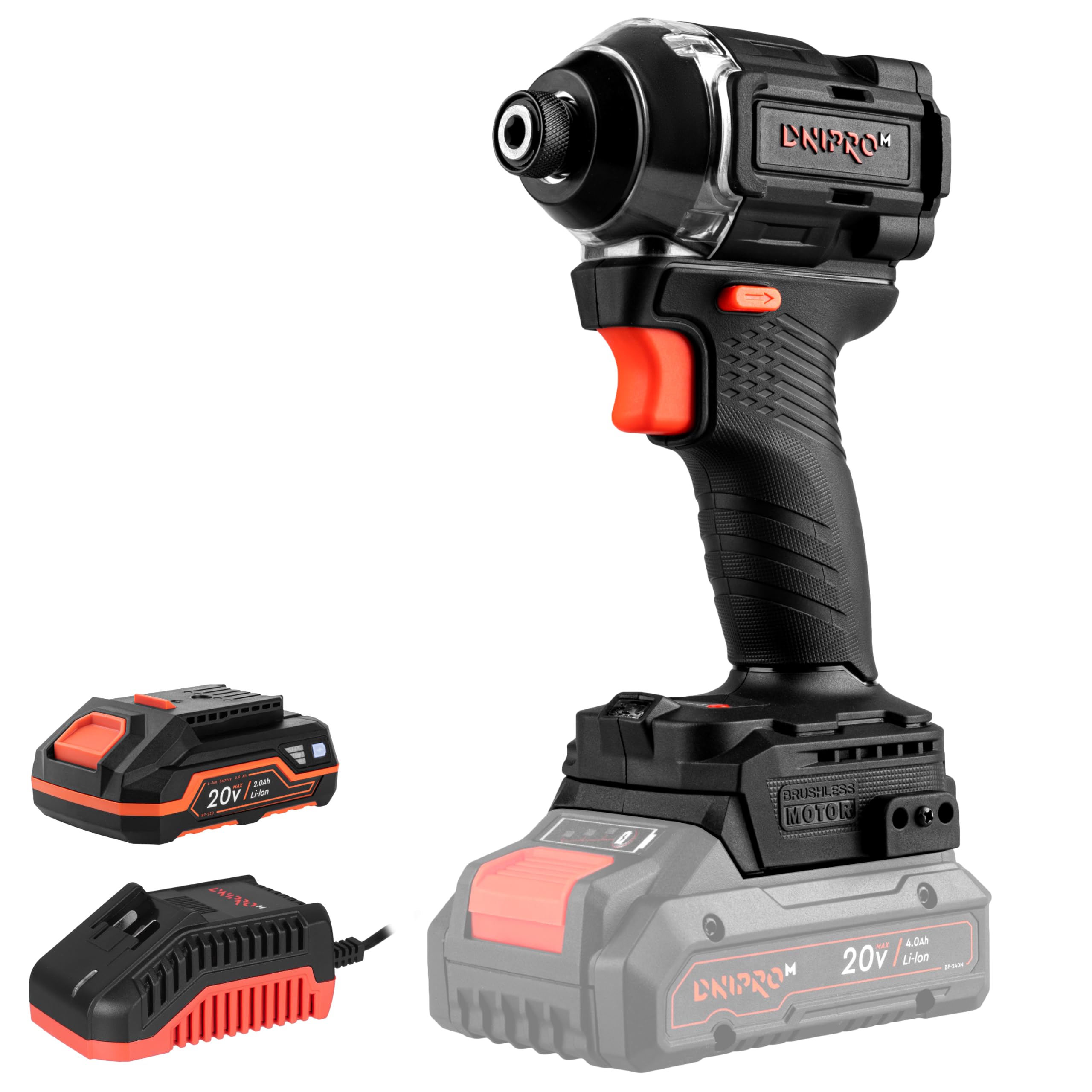 Atornillador de Impacto Inalámbrico 20 V DTD-201BC - Motor Brushless 200 Nm, 4 Velocidades 0-3600 rpm, 4200 Ipm, Portabrocas 1/4" HEX, Led, Portatil, Solo 1 kg - Bateria 2Ah y Cargador - Por Dnipro-M