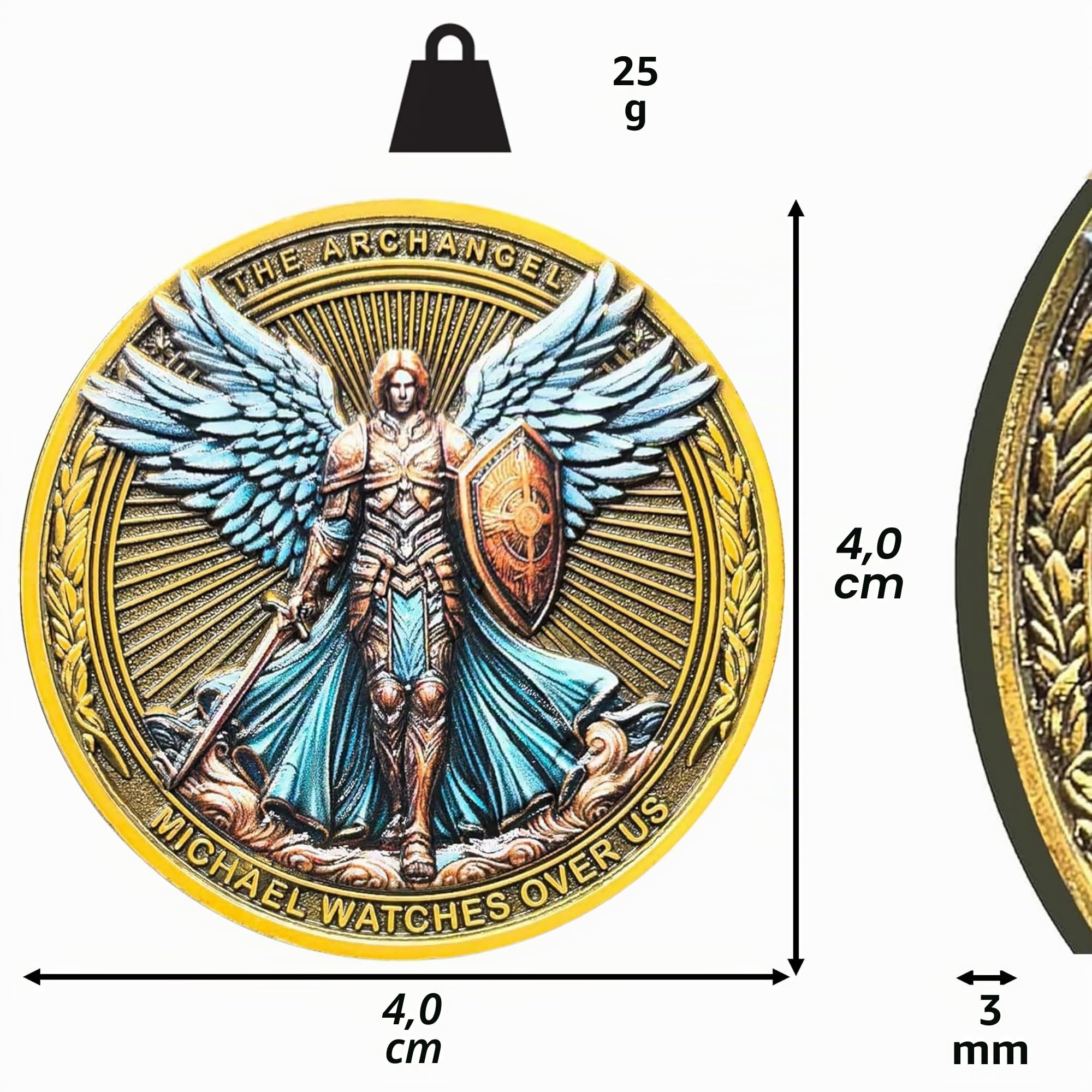 Moneda de desafío del Arcángel Miguel, bendecida en Tierra Santa, Hecha a Mano, Salmo 91:10-11. Colección Religiosa con Estuche Protector. Original con Bolsa de Regalo y Certificado.