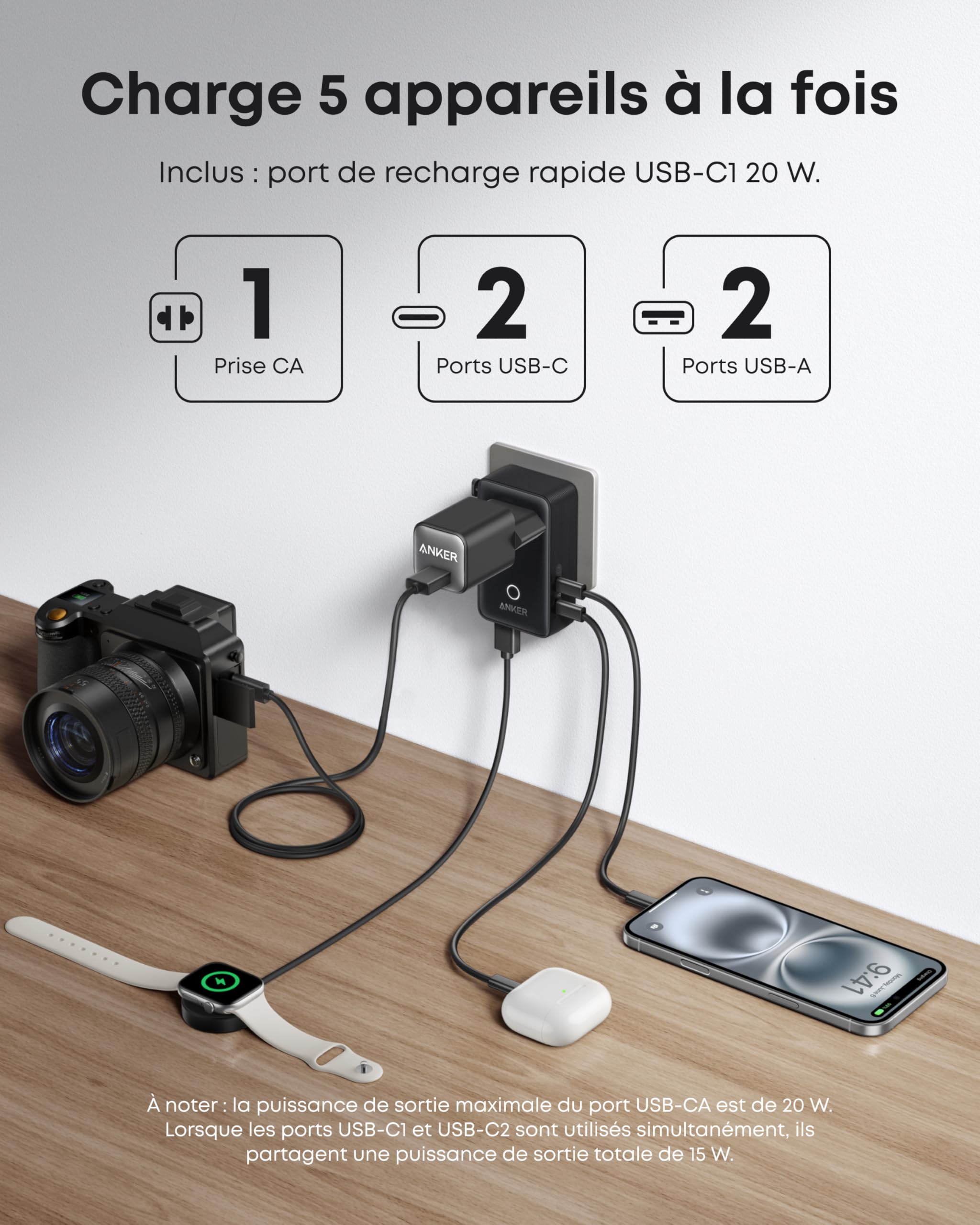 Anker Nano Adaptateur Prise Universelle Voyage 5 Ports 1 Prise CA 2 USB A 2 USB C Contrôle Intelligent Température 200+