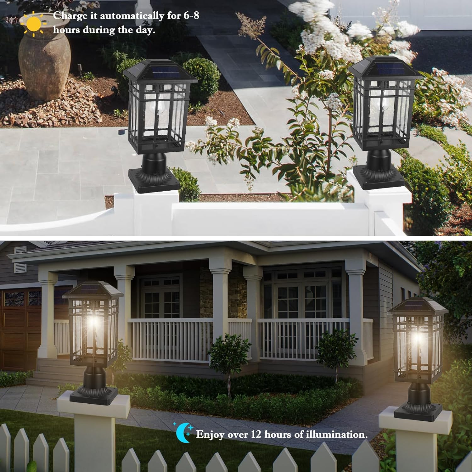 Solar Post Lights, Outdoor Post Lights Solar Powered, Waterproof Anti-Rust Black Post Lights with Seeded Glass, LED Solar Powered Lamp for Front Door, Porch, Garage, and Patio （Bulb Included）SR018-P