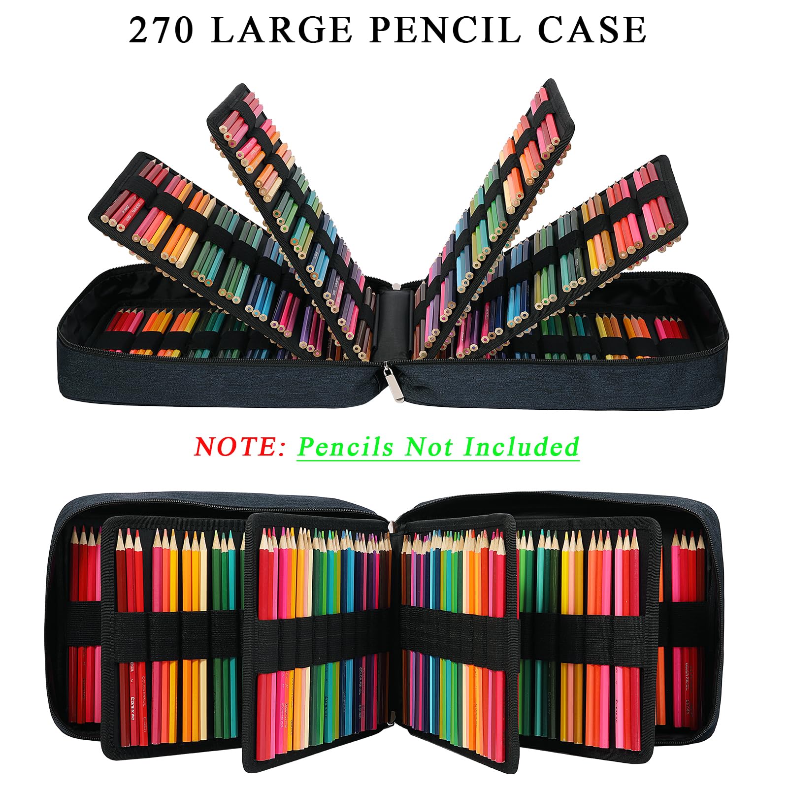 JAKAGO Trousse de Rangement Grande Capacité avec 90 Poches Élastiques – pour Jusqu'à 270 Crayons, Crayons de Couleur ou Stylos Gel – Idéal pour Les Artistes (Bleu)