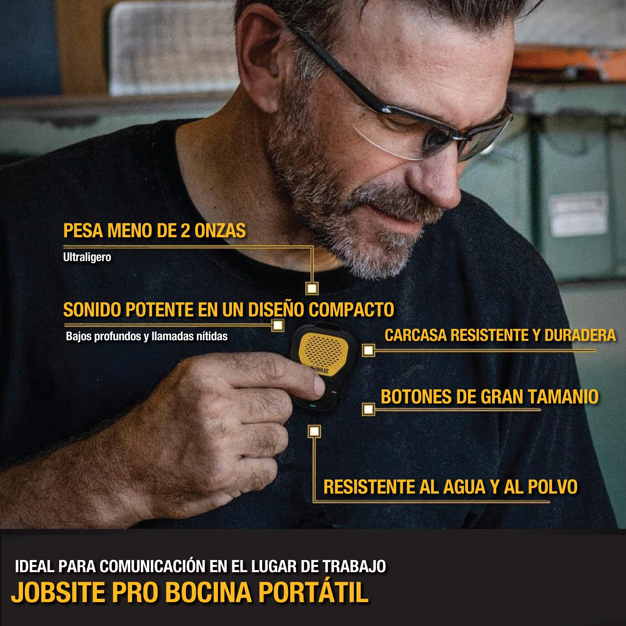 DEWALT Altavoz Bluetooth Portátil, Emparejamiento Estéreo Inalámbrico, Resistente al Agua, magnético, con Clip, micrófono Incorporado, 10 Horas Reproducción, música/Llamadas Manos Libres
