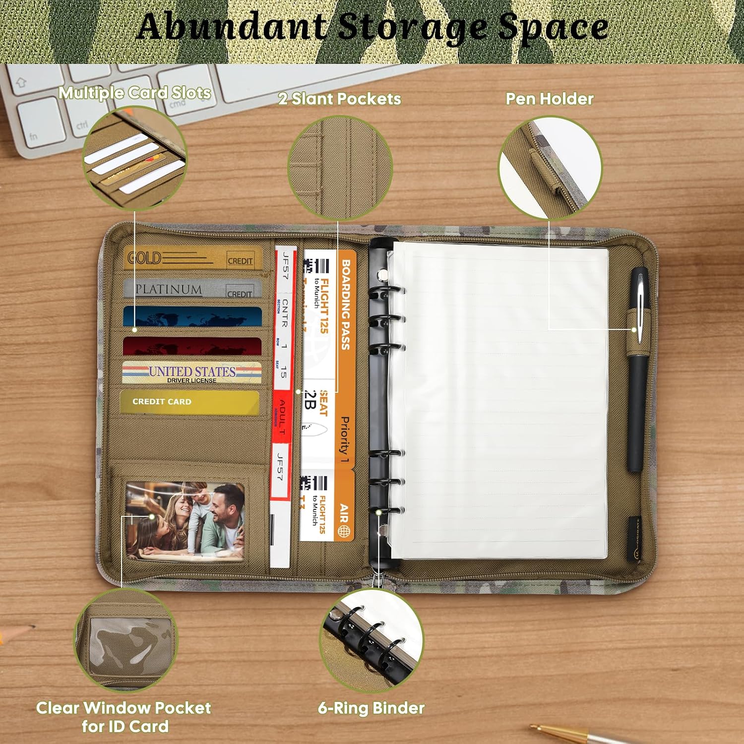WIOR Tactical Padfolio Portfolio Binder with Zipper and 80 Sheets of Loose-Leaf Paper, Military Notebook Cover Portfolio Organizer Folder for Documents Business Cards, Detachable 6-Ring Notepad - Camo