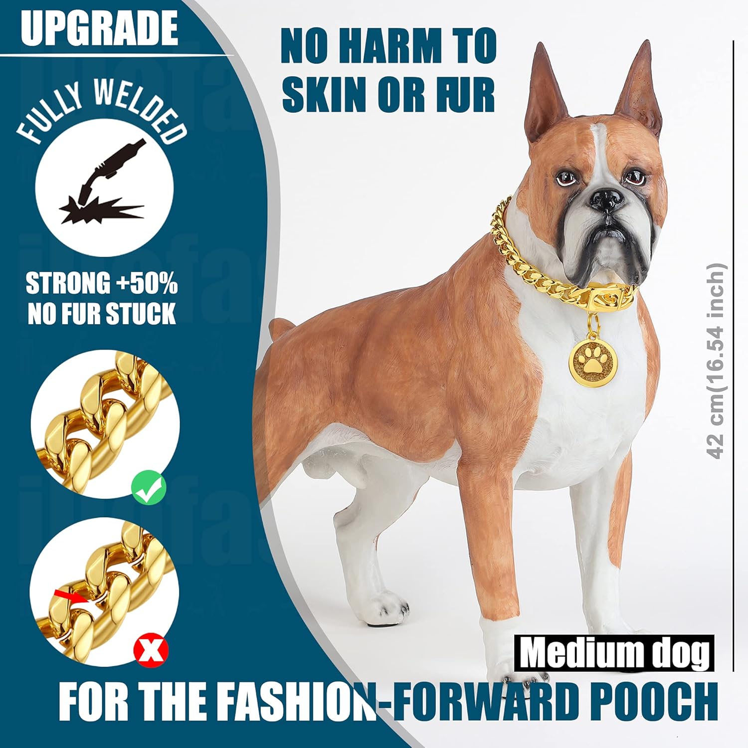 Gold Dog Collar 12mm Cuban Link Collar with Secure Snap Buckle 18K Metal Stainless Steel Dog Chain Collars for Dogs for Puppy Small Medium Large Dogs Includes Dog tag & Bell.(16")