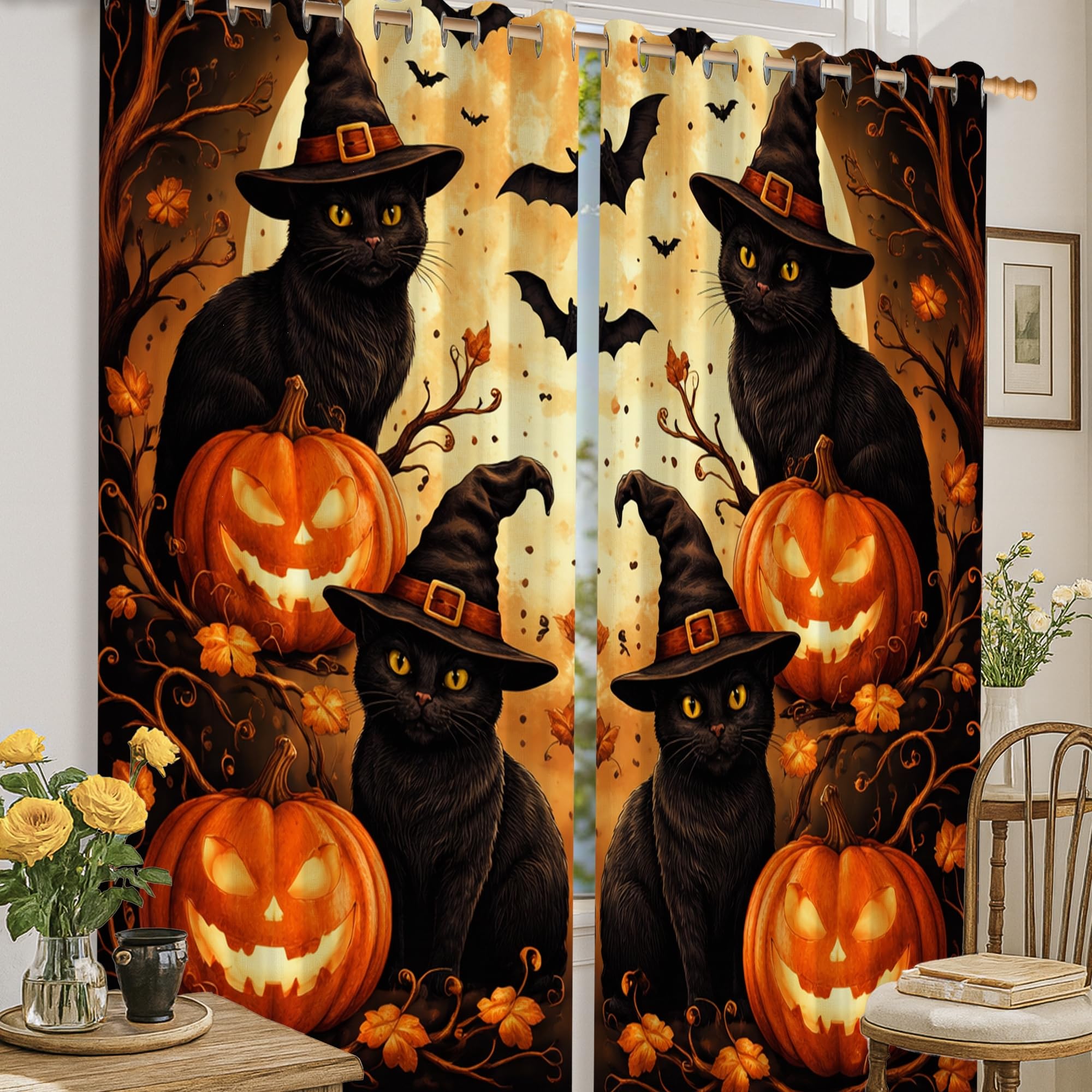 Rideaux occultants à isolation thermique noir 132x160 cm motif chat de maison